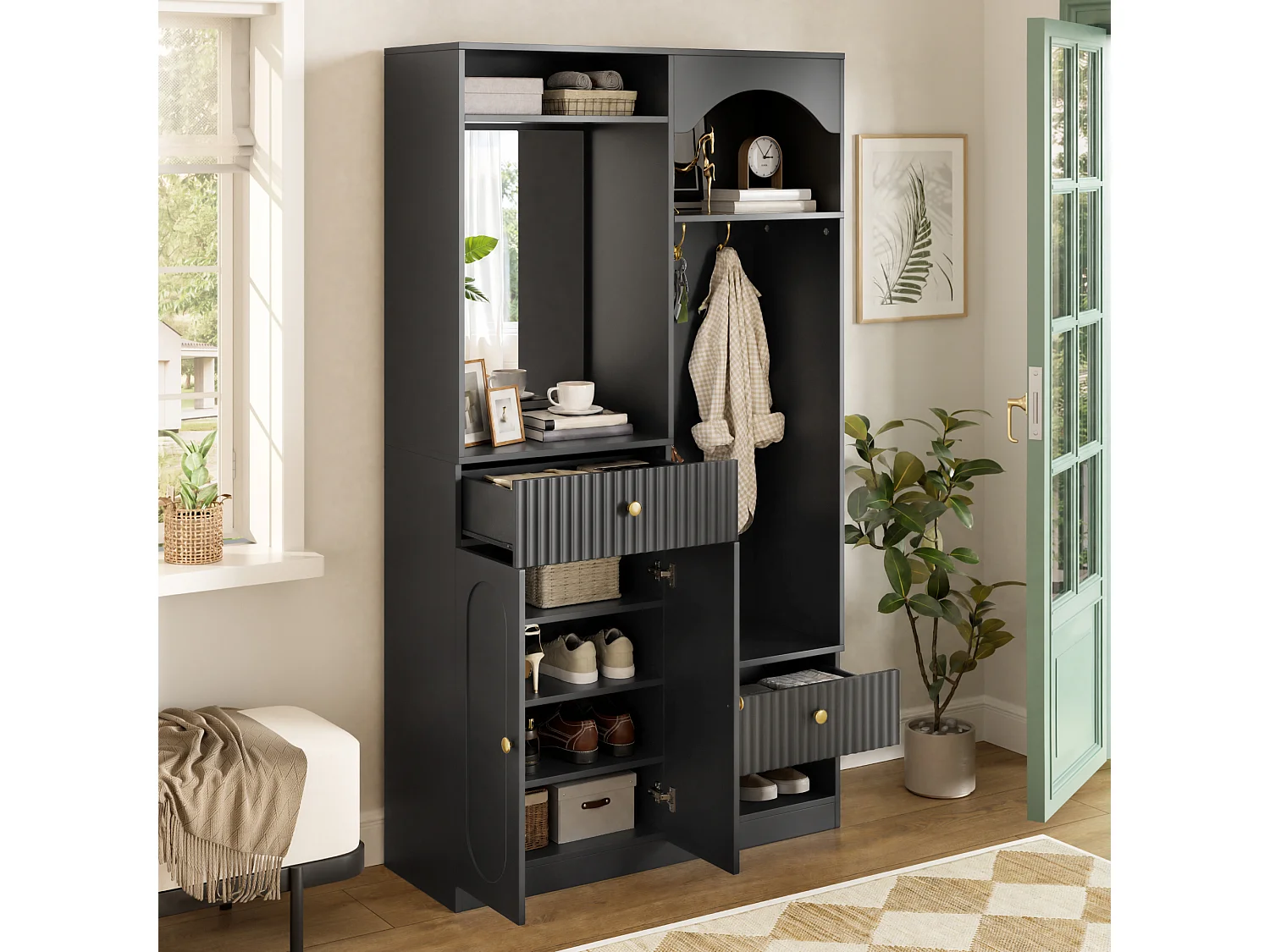 Vestiaire d'entrée - 100 x 35 x 180 cm - avec miroir + banc + meuble à chaussures + tiroirs - MDF - noir