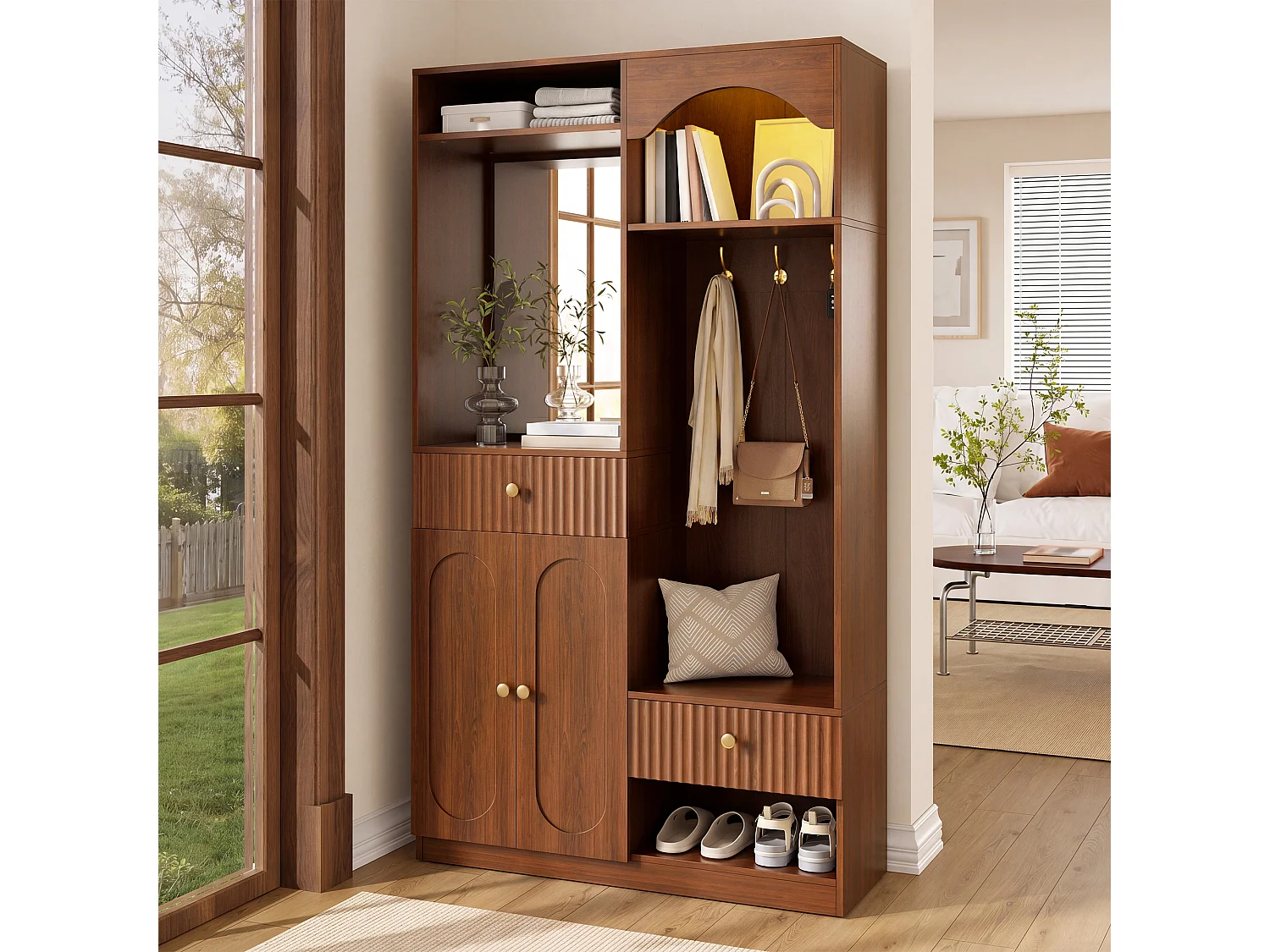 Vestiaire d'entrée - 100 x 35 x 180 cm - avec miroir + banc + meuble à chaussures + tiroirs - MDF - marron