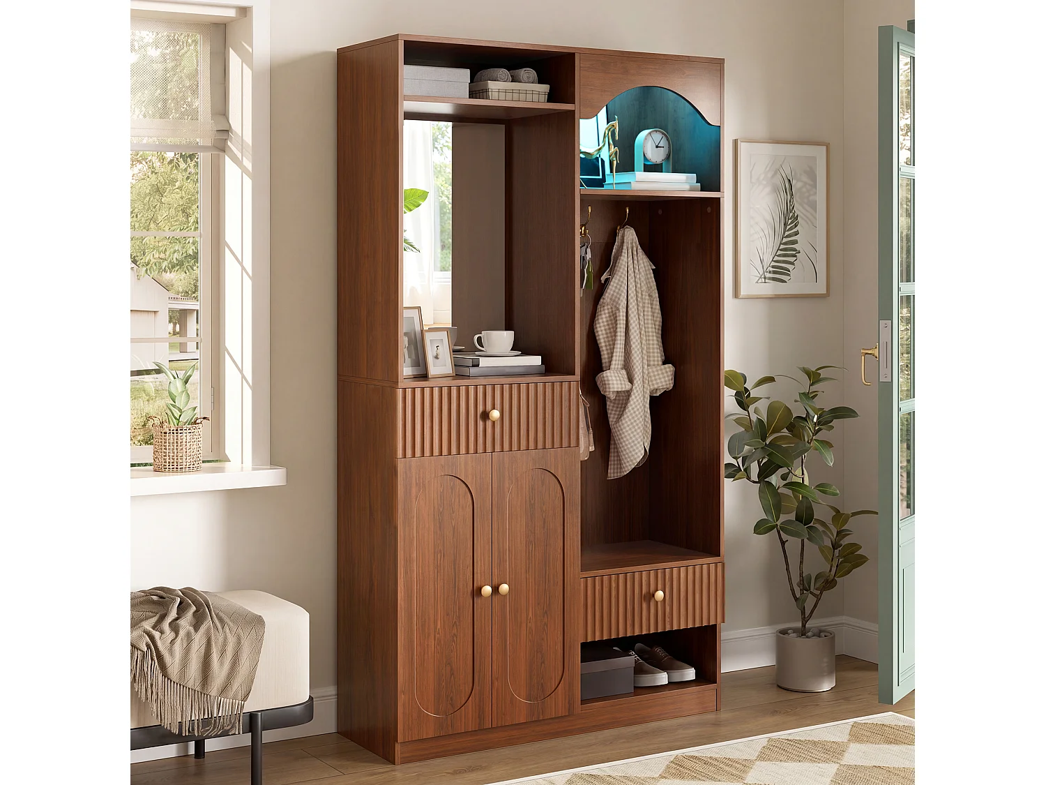 Vestiaire d'entrée - 100 x 35 x 180 cm - avec miroir + banc + meuble à chaussures + tiroirs - MDF - marron