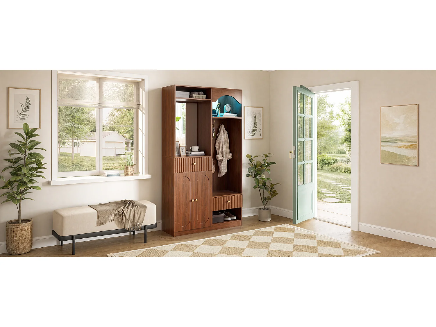 Vestiaire d'entrée - 100 x 35 x 180 cm - avec miroir + banc + meuble à chaussures + tiroirs - MDF - marron