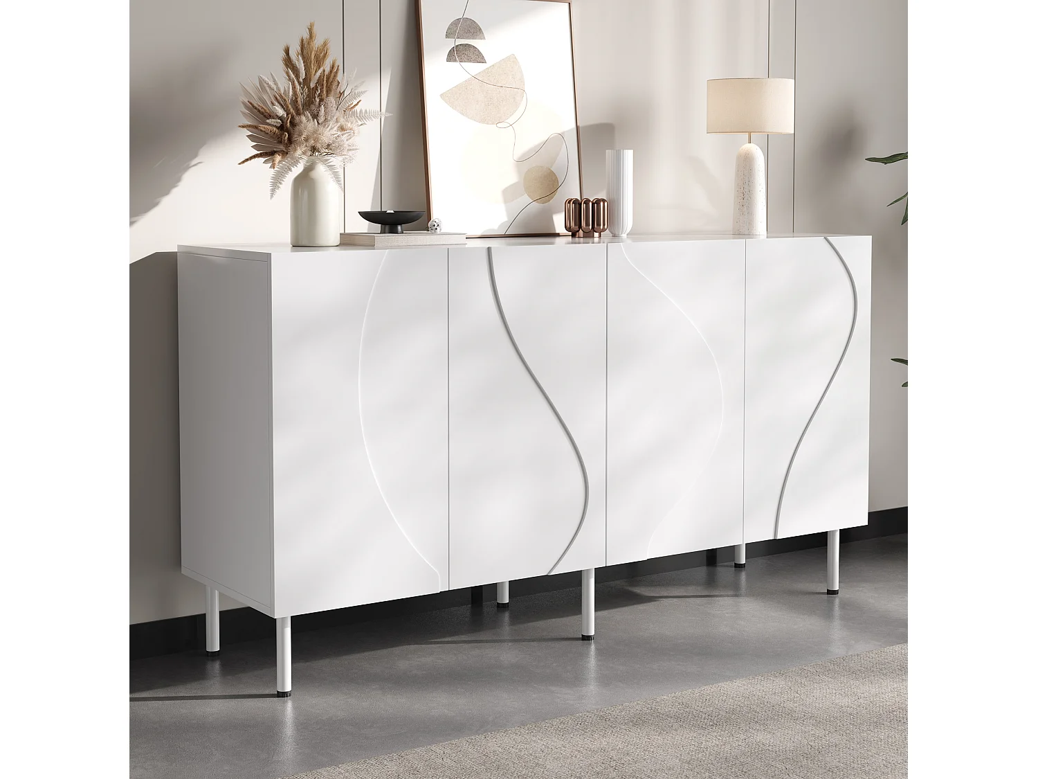 Buffet moderne de salon - 140 x 40 x 77.5 cm - avec 4 portes - aggloméré + MDF - blanc