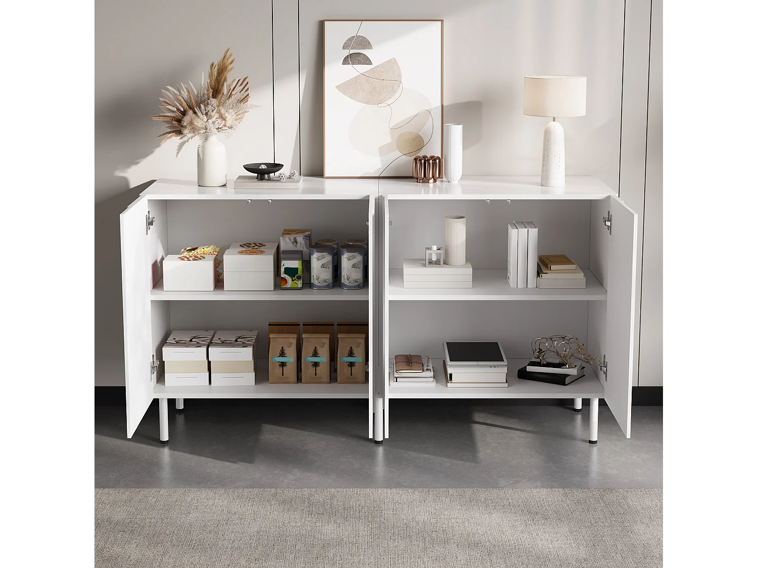 Buffet moderne de salon - 140 x 40 x 77.5 cm - avec 4 portes - aggloméré + MDF - blanc