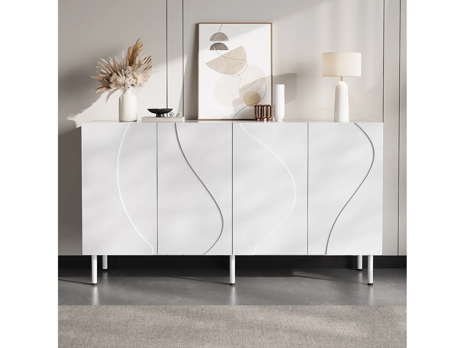 Buffet moderne de salon - 140 x 40 x 77.5 cm - avec 4 portes - aggloméré + MDF - blanc