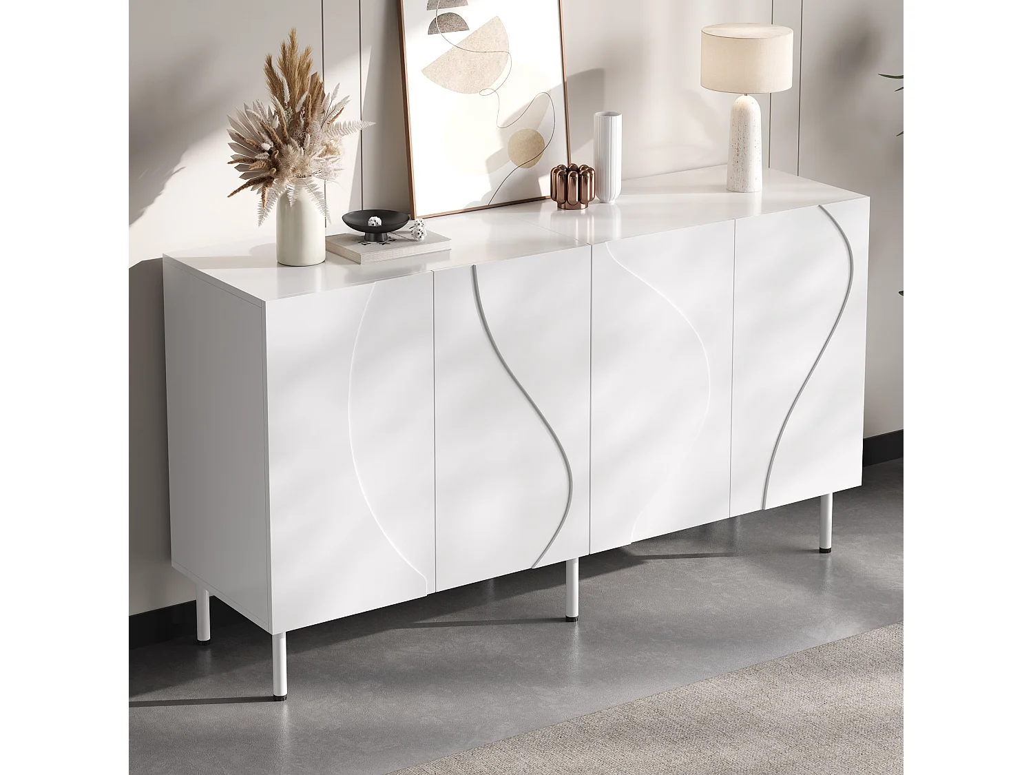 Buffet moderne de salon - 140 x 40 x 77.5 cm - avec 4 portes - aggloméré + MDF - blanc