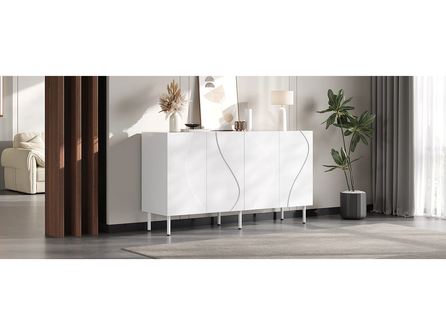 Buffet moderne de salon - 140 x 40 x 77.5 cm - avec 4 portes - aggloméré + MDF - blanc
