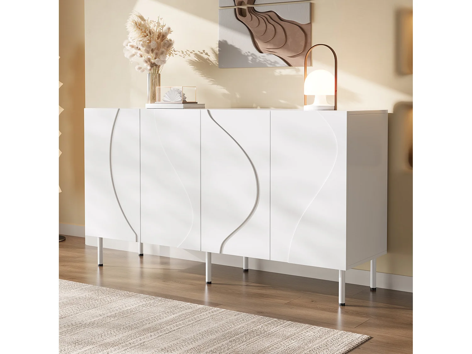 Buffet moderne de salon - 140 x 40 x 77.5 cm - avec 4 portes - aggloméré + MDF - blanc