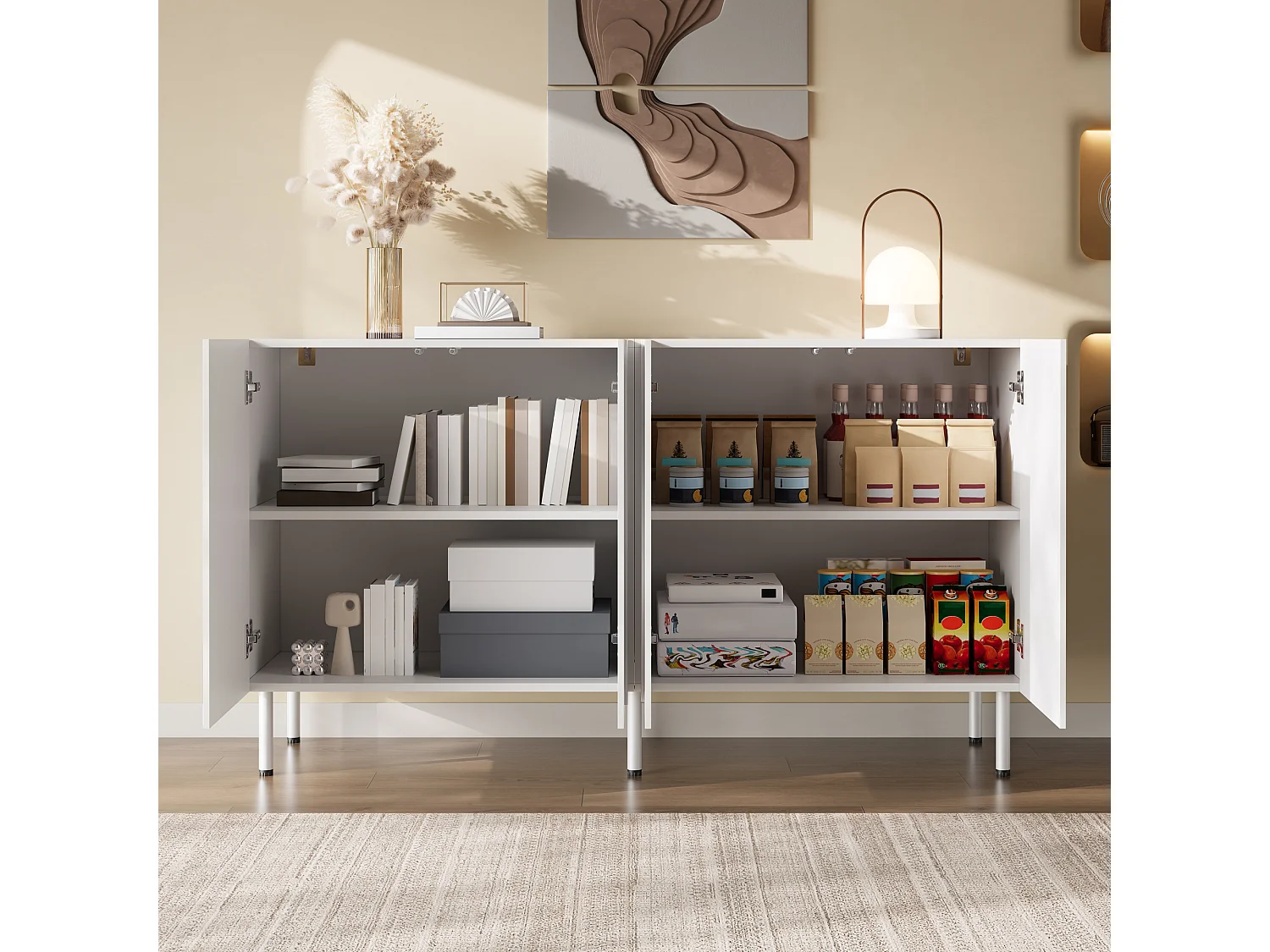 Buffet moderne de salon - 140 x 40 x 77.5 cm - avec 4 portes - aggloméré + MDF - blanc