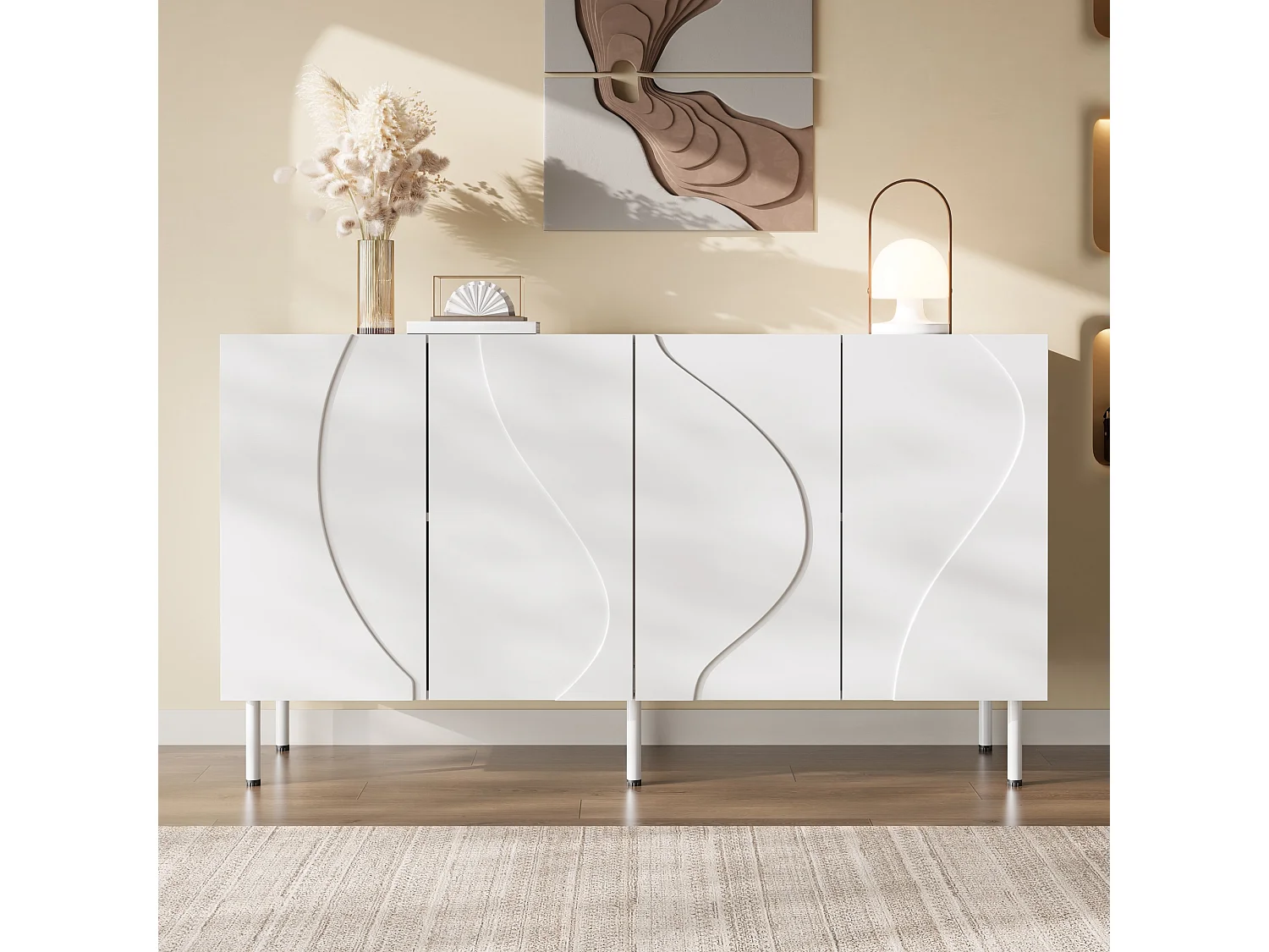 Buffet moderne de salon - 140 x 40 x 77.5 cm - avec 4 portes - aggloméré + MDF - blanc