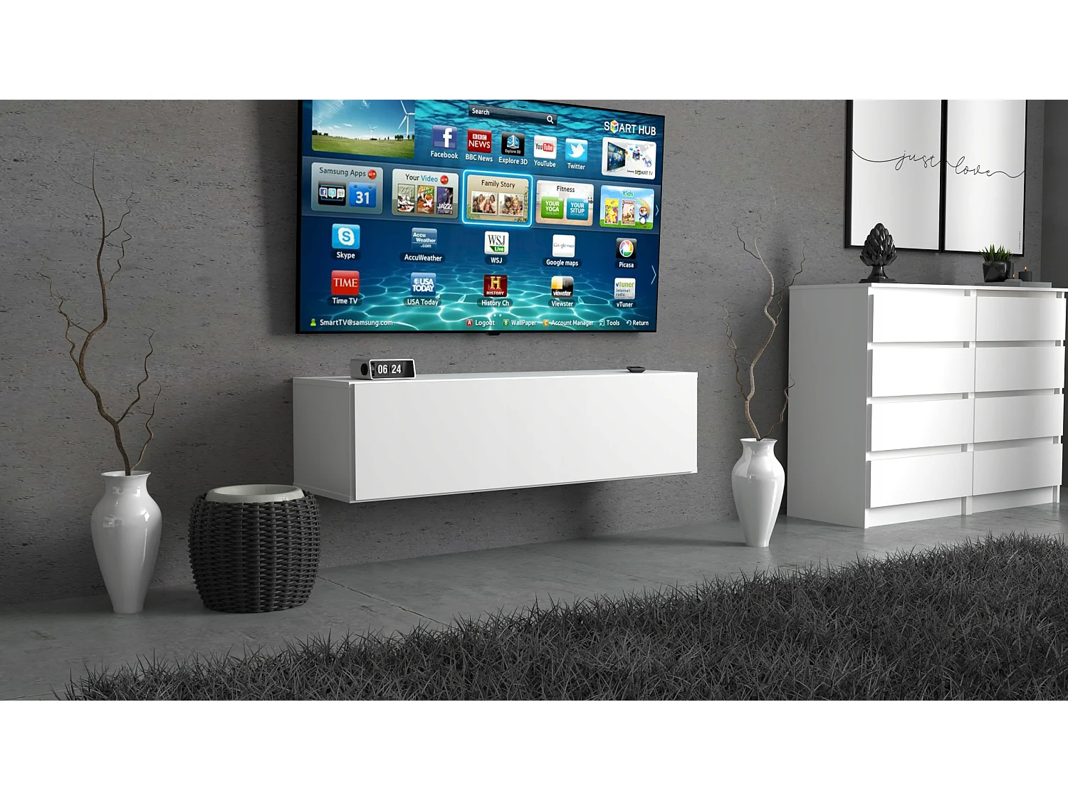 SZAFKA RTV WISZĄCA BIAŁA 140 CM MEBLE DO SALONU SZAFKA POD TELEWIZOR KOMODA
