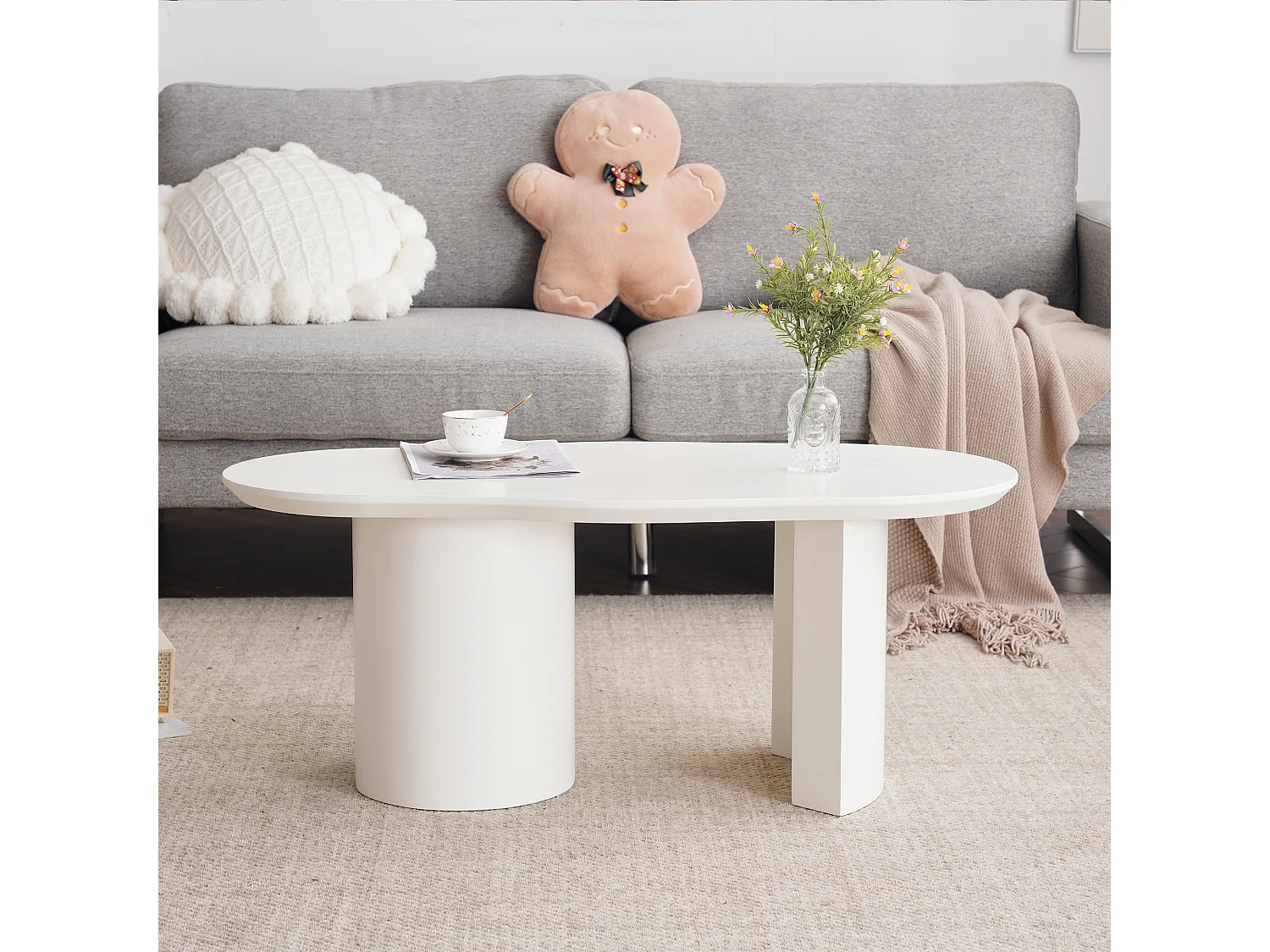 Table basse irrégulière surface laquée - 100 x 50 x 40.5 cm - stable et durable  - MDF - blanc