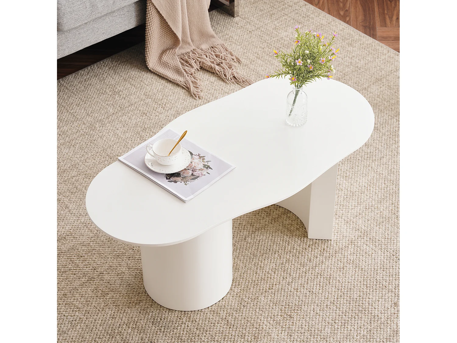 Table basse irrégulière surface laquée - 100 x 50 x 40.5 cm - stable et durable  - MDF - blanc