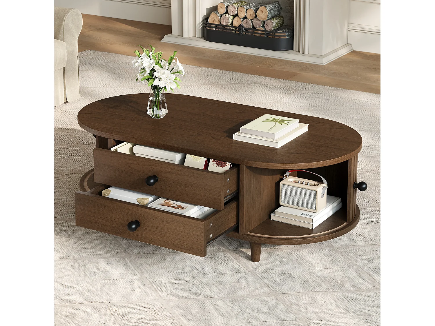 Table basse de salon - 100 x 50 x 36 -  avec portes enroulables + 2 tiroirs - MDF - marron