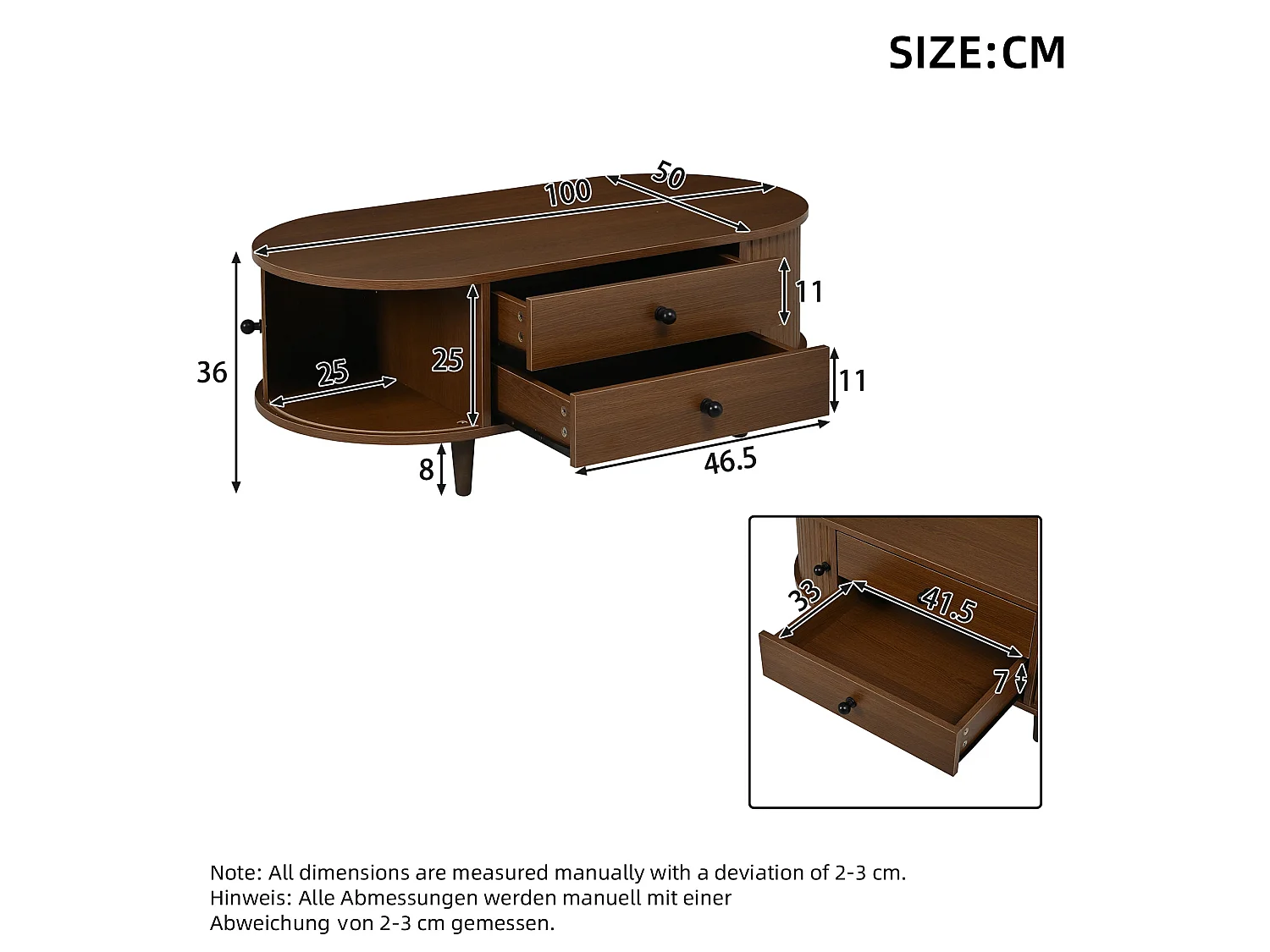 Table basse de salon - 100 x 50 x 36 -  avec portes enroulables + 2 tiroirs - MDF - marron