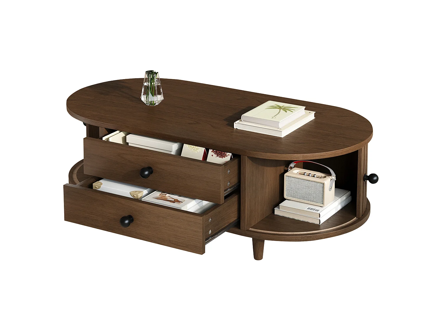 Table basse de salon - 100 x 50 x 36 -  avec portes enroulables + 2 tiroirs - MDF - marron
