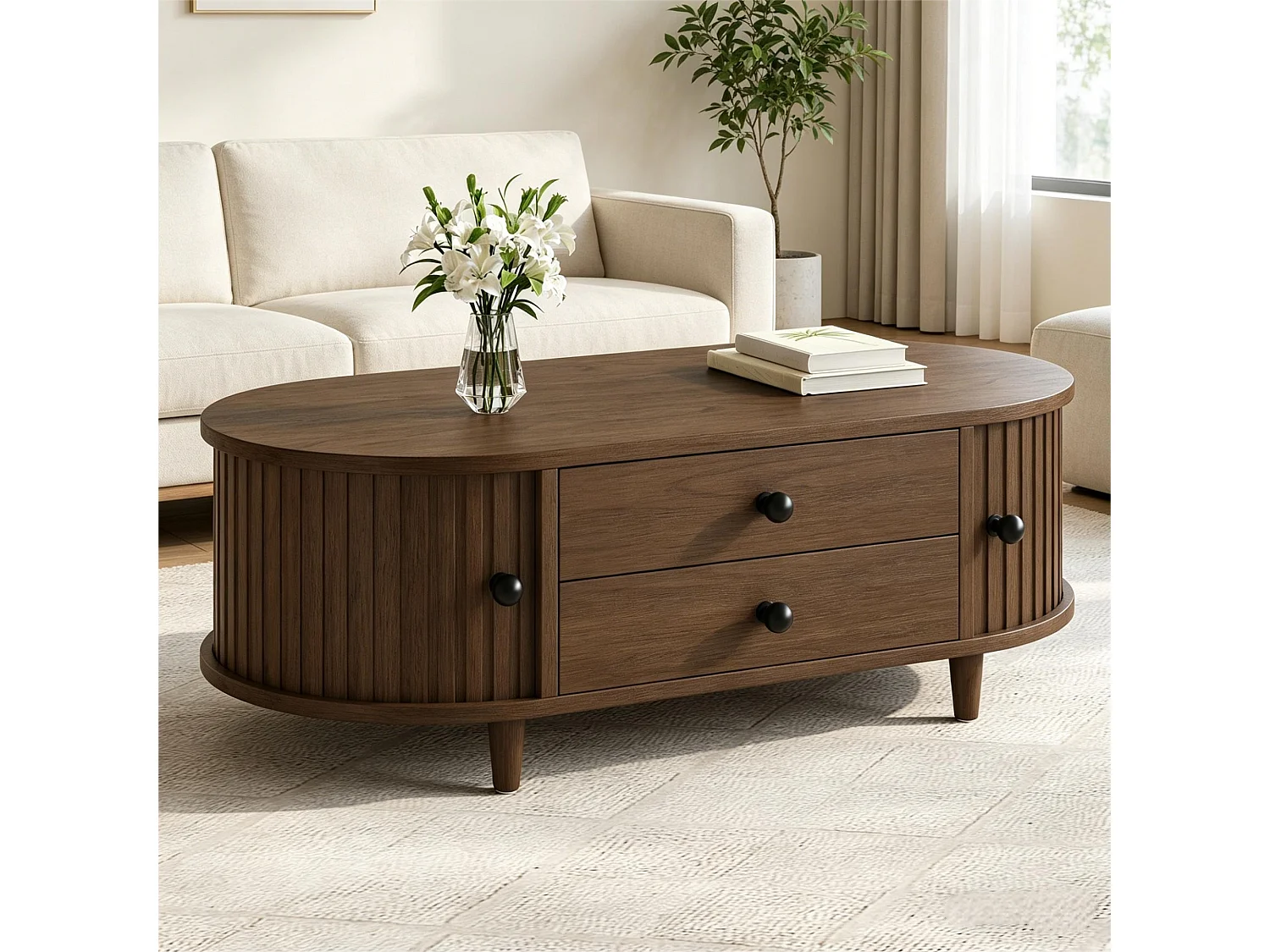Table basse de salon - 100 x 50 x 36 -  avec portes enroulables + 2 tiroirs - MDF - marron