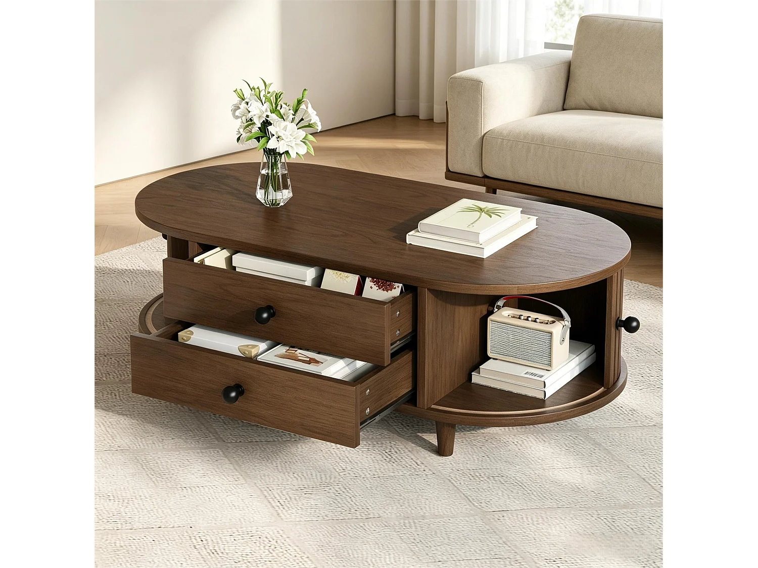Table basse de salon - 100 x 50 x 36 -  avec portes enroulables + 2 tiroirs - MDF - marron