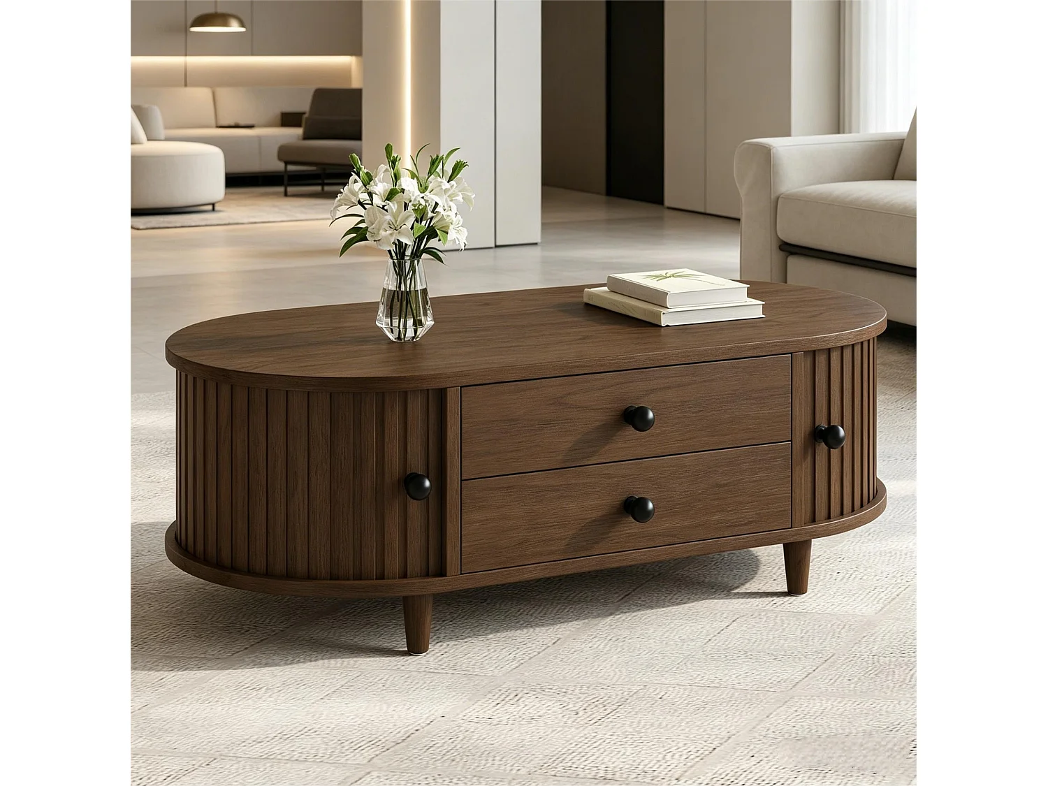 Table basse de salon - 100 x 50 x 36 -  avec portes enroulables + 2 tiroirs - MDF - marron