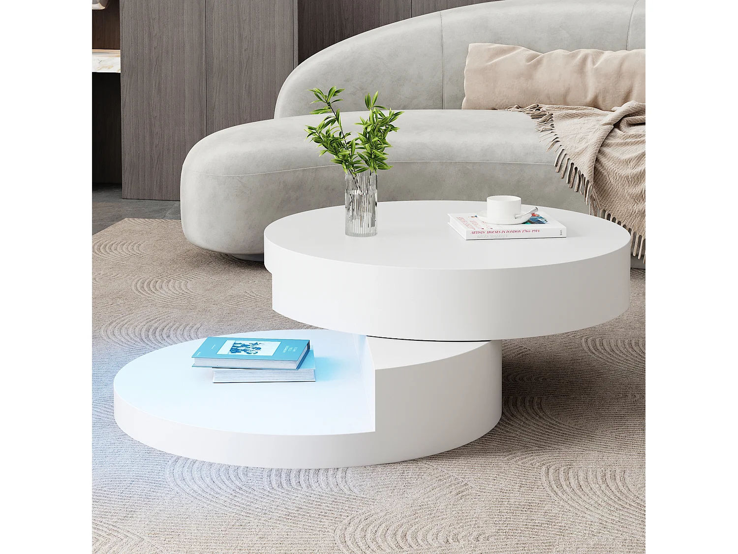 Table basse de salon - 70 x 70 x 35.5 cm - plateau pivotant à 360°et structure à 2 couches - avec Leds - MDF - blanc