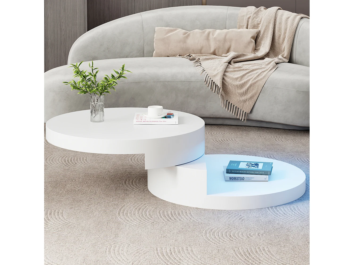 Table basse de salon - 70 x 70 x 35.5 cm - plateau pivotant à 360°et structure à 2 couches - avec Leds - MDF - blanc