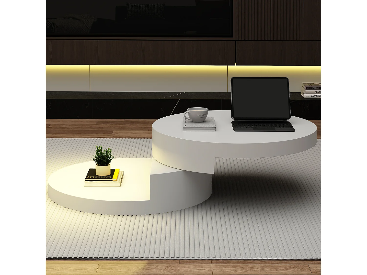 Table basse de salon - 70 x 70 x 35.5 cm - plateau pivotant à 360°et structure à 2 couches - avec Leds - MDF - blanc
