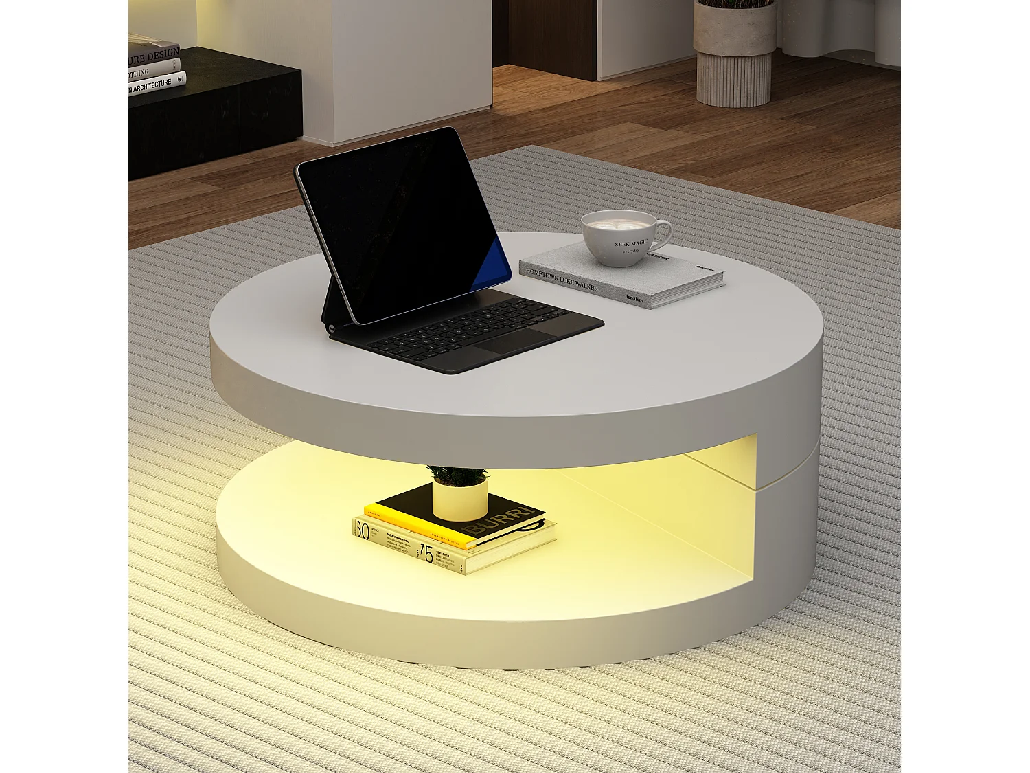 Table basse de salon - 70 x 70 x 35.5 cm - plateau pivotant à 360°et structure à 2 couches - avec Leds - MDF - blanc