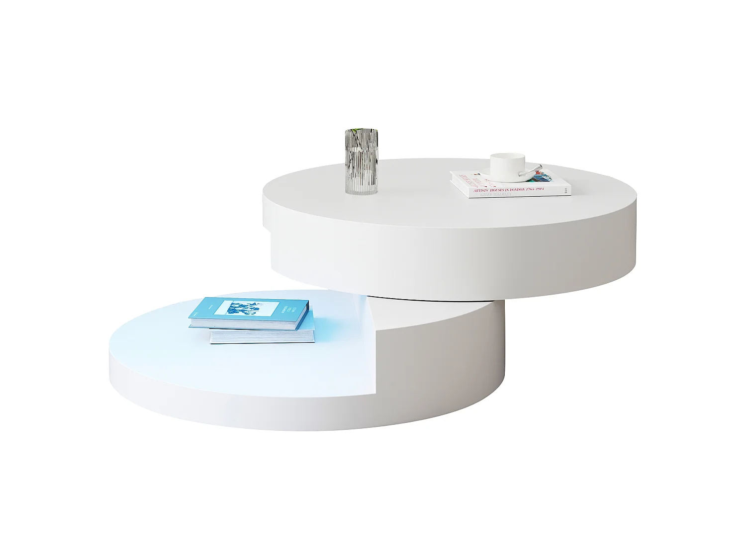 Table basse de salon - 70 x 70 x 35.5 cm - plateau pivotant à 360°et structure à 2 couches - avec Leds - MDF - blanc