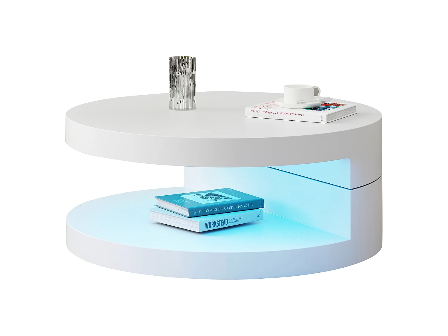 Table basse de salon - 70 x 70 x 35.5 cm - plateau pivotant à 360°et structure à 2 couches - avec Leds - MDF - blanc