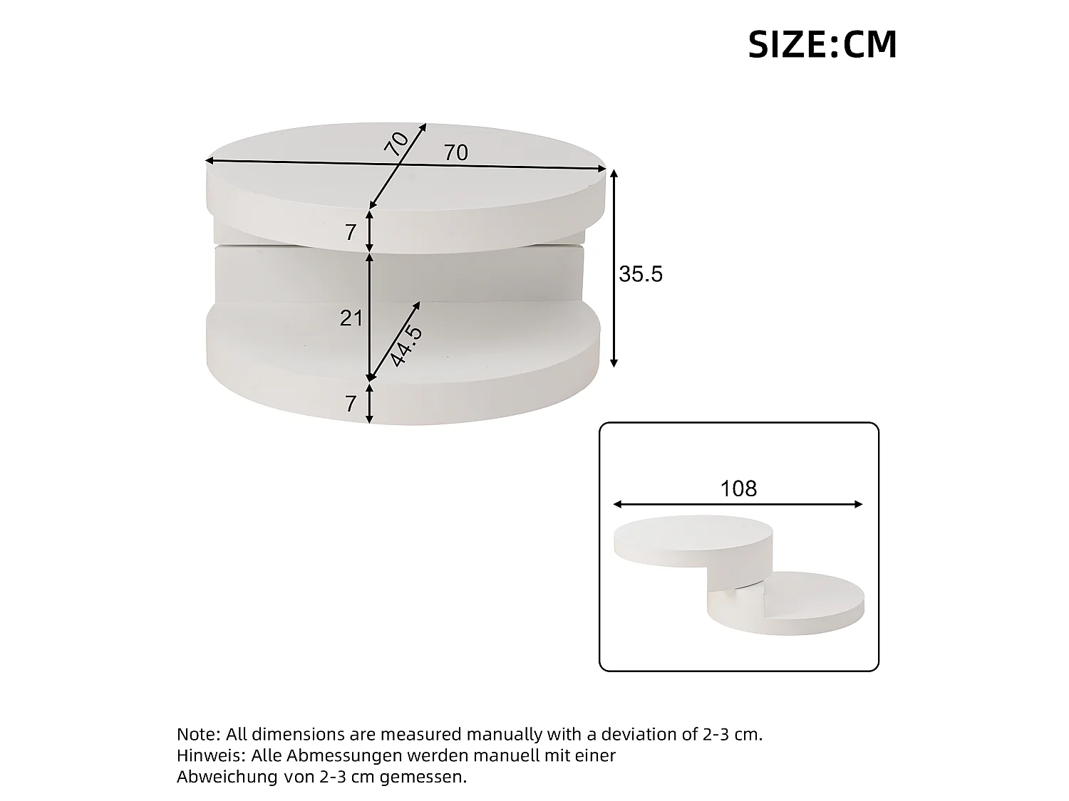 Table basse de salon - 70 x 70 x 35.5 cm - plateau pivotant à 360°et structure à 2 couches - avec Leds - MDF - blanc