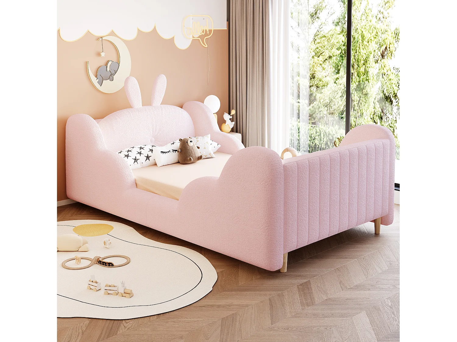 Lit enfant capitonné - 90 x 200 cm - avec coussins en forme de lapin + longerons - velours - rose