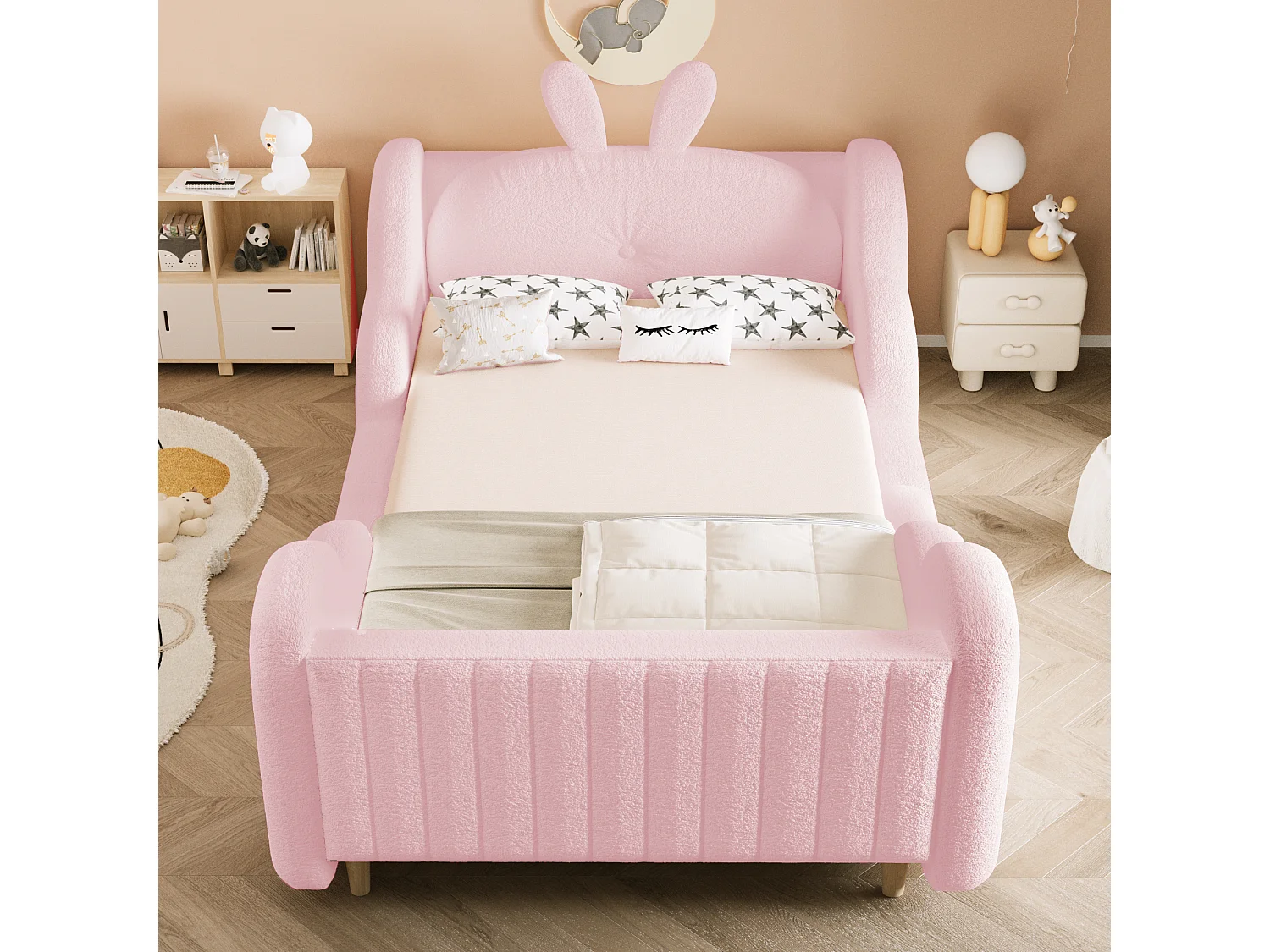 Lit enfant capitonné - 90 x 200 cm - avec coussins en forme de lapin + longerons - velours - rose