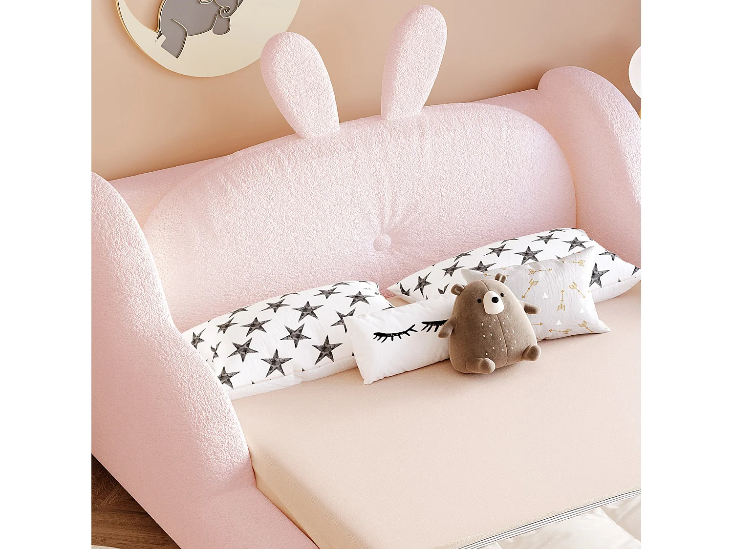 Lit enfant capitonné - 90 x 200 cm - avec coussins en forme de lapin + longerons - velours - rose