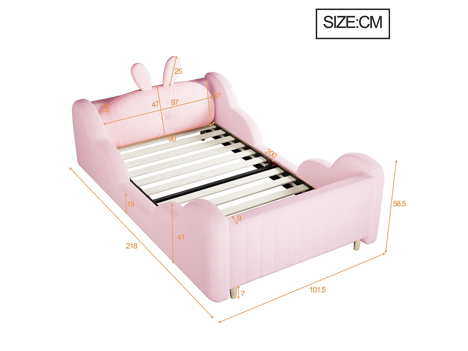 Lit enfant capitonné - 90 x 200 cm - avec coussins en forme de lapin + longerons - velours - rose