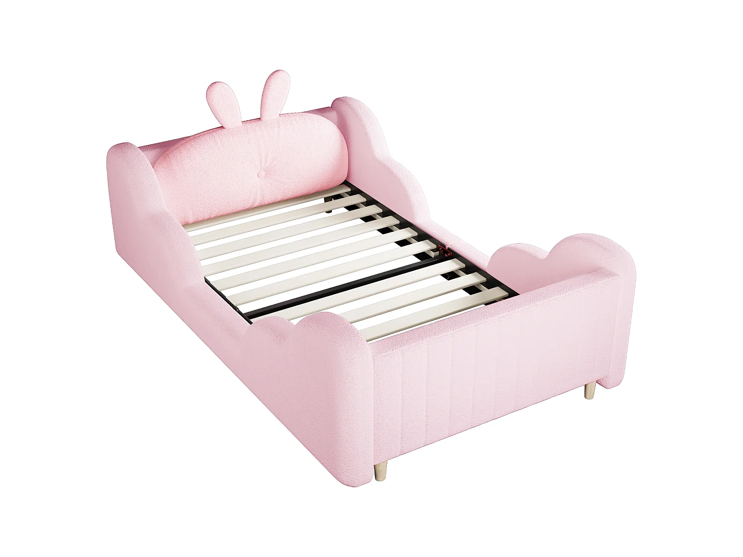 Lit enfant capitonné - 90 x 200 cm - avec coussins en forme de lapin + longerons - velours - rose