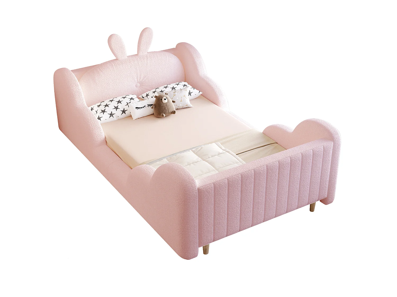 Lit enfant capitonné - 90 x 200 cm - avec coussins en forme de lapin + longerons - velours - rose