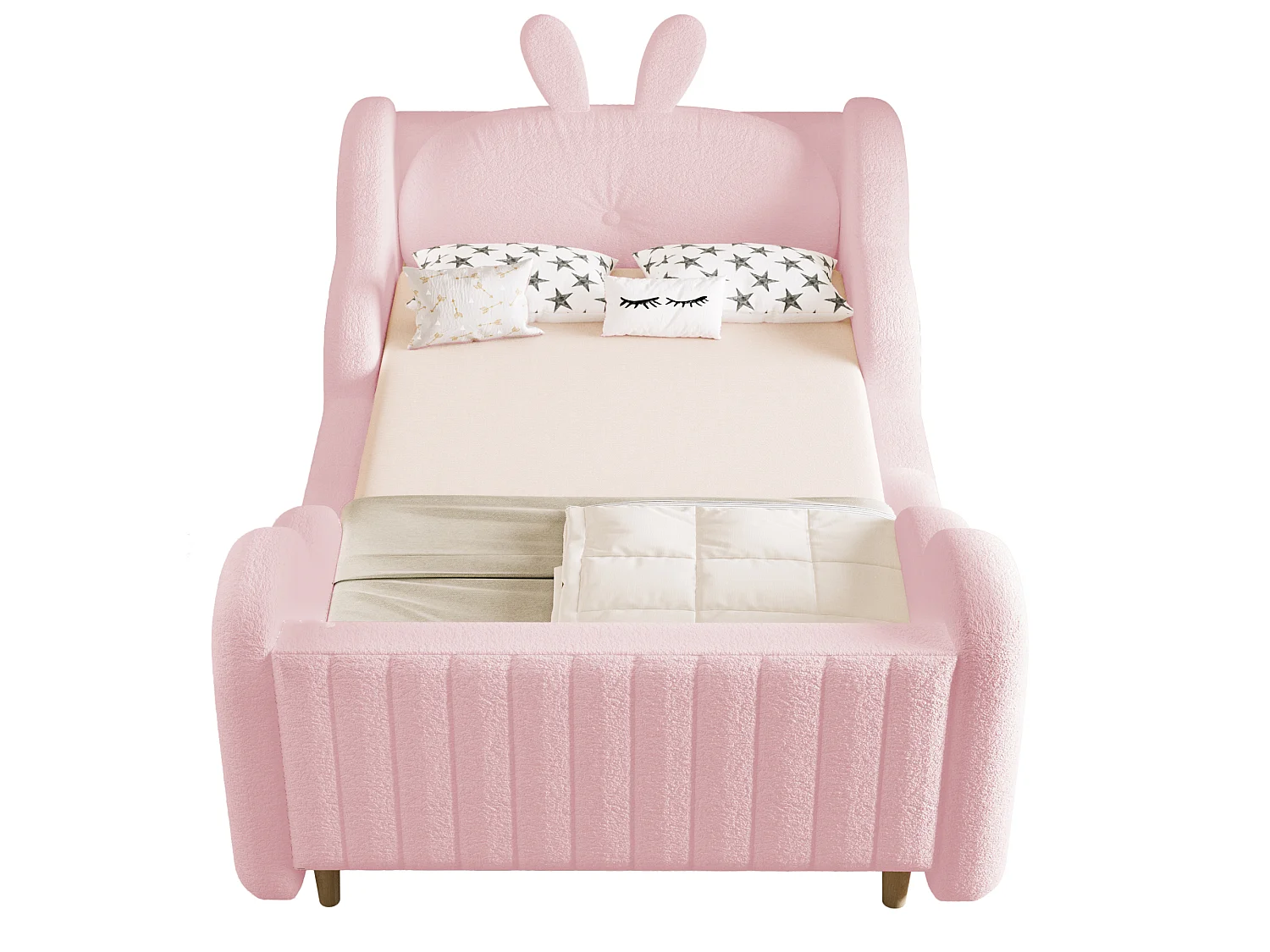 Lit enfant capitonné - 90 x 200 cm - avec coussins en forme de lapin + longerons - velours - rose