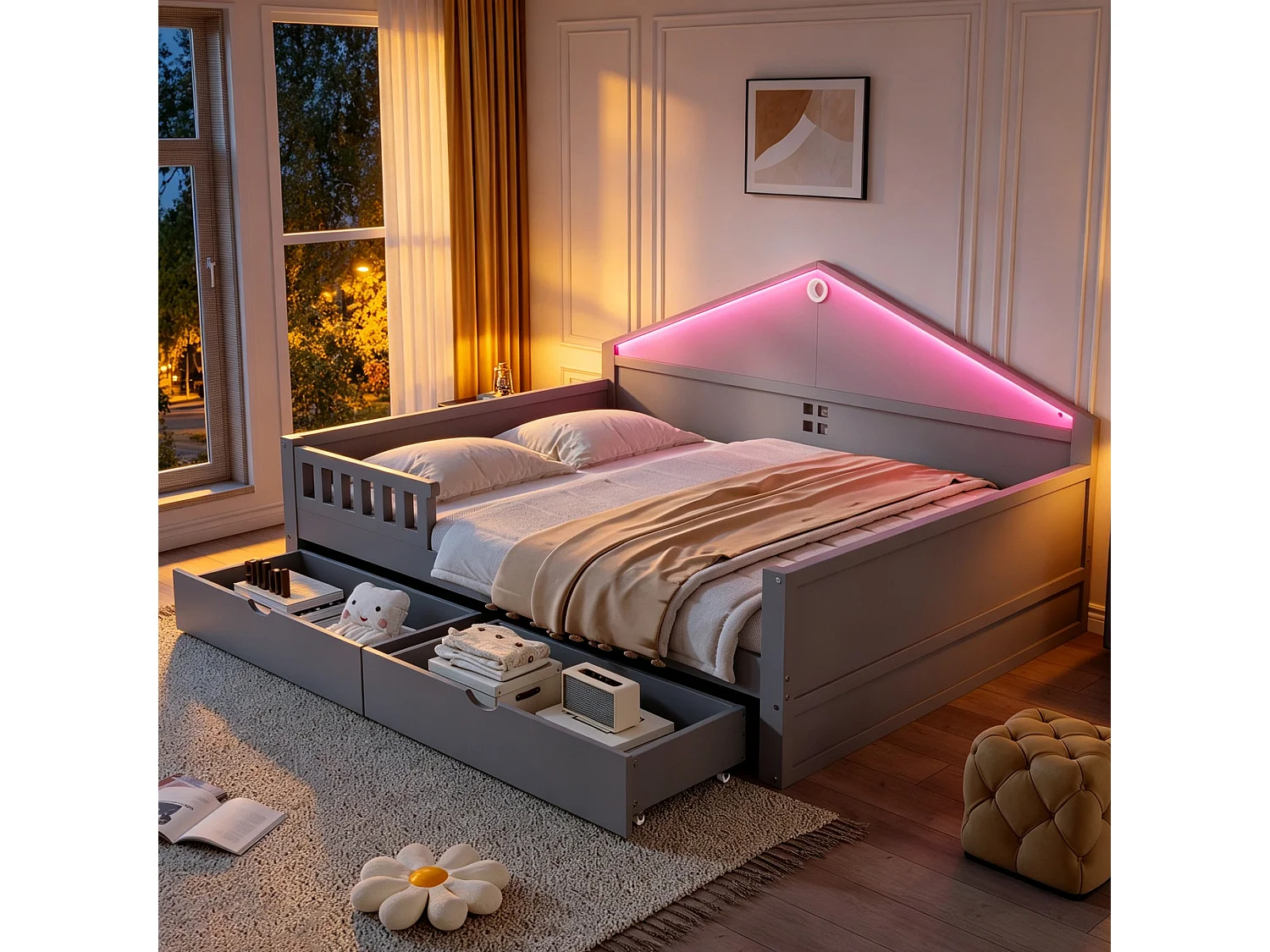 Lit plat enfant - 140 x 200 cm - avec Leds + tiroirs + sommier à lattes - bois + MDF - gris