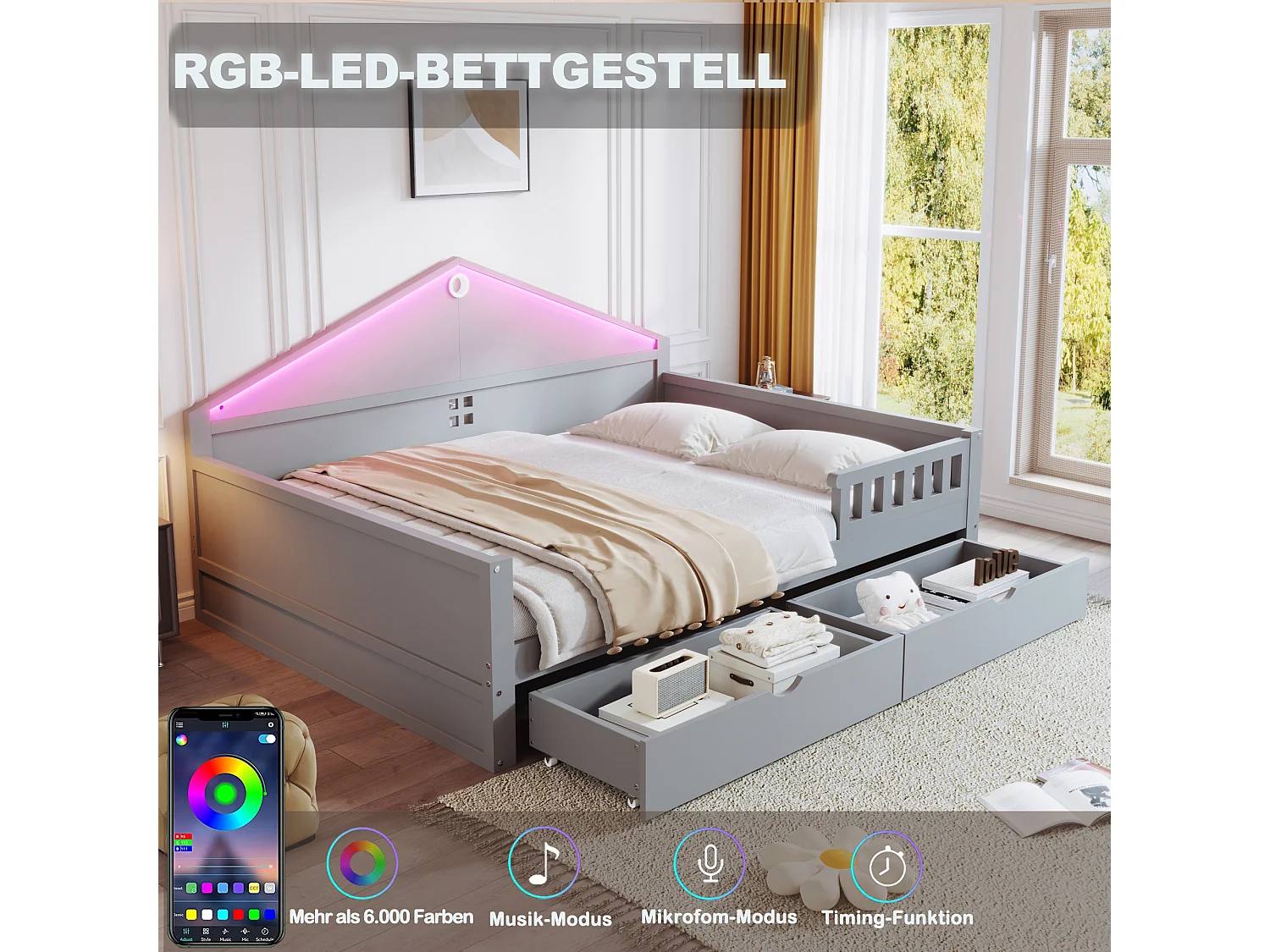 Lit plat enfant - 140 x 200 cm - avec Leds + tiroirs + sommier à lattes - bois + MDF - gris