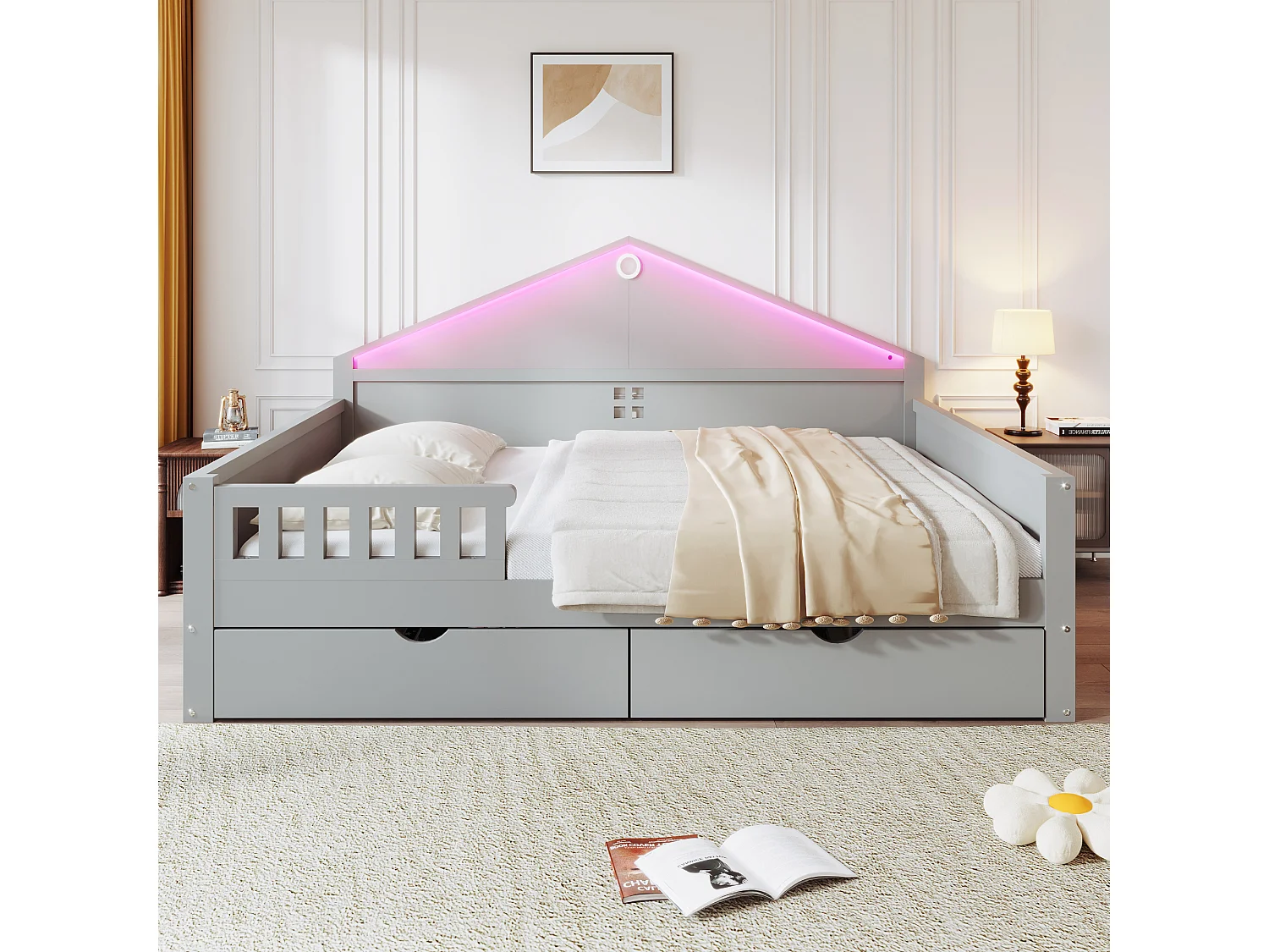 Lit plat enfant - 140 x 200 cm - avec Leds + tiroirs + sommier à lattes - bois + MDF - gris