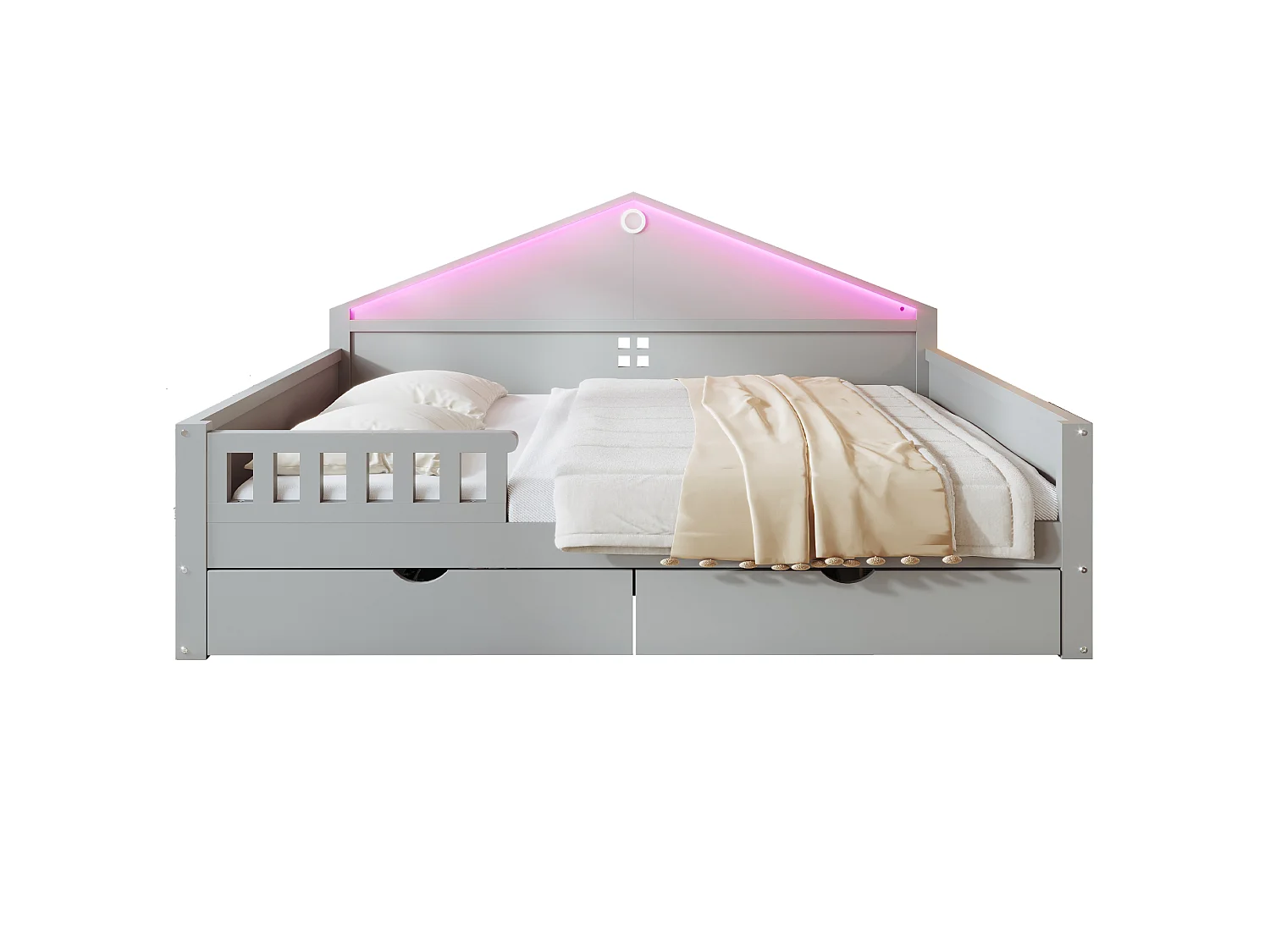 Lit plat enfant - 140 x 200 cm - avec Leds + tiroirs + sommier à lattes - bois + MDF - gris