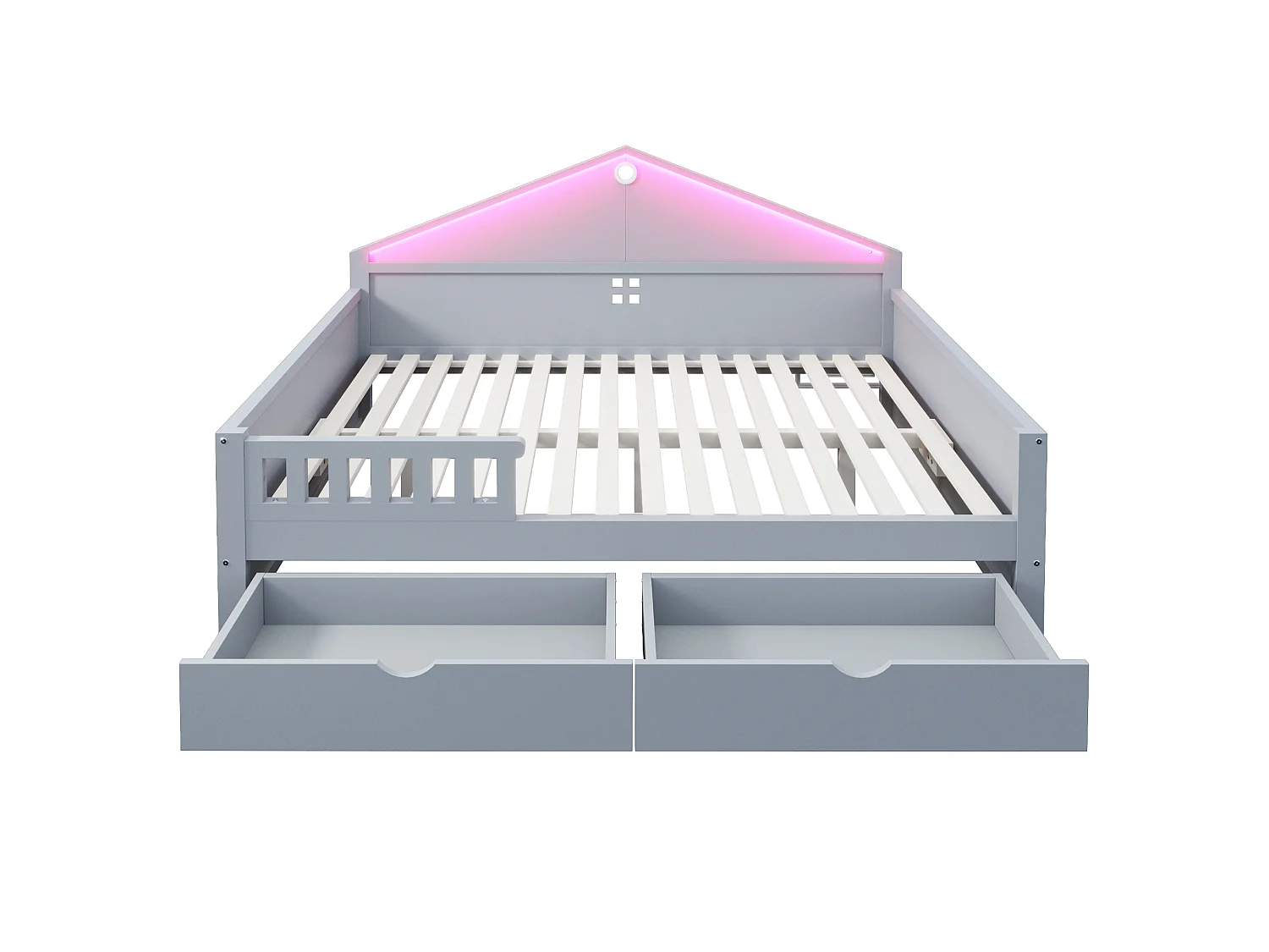 Lit plat enfant - 140 x 200 cm - avec Leds + tiroirs + sommier à lattes - bois + MDF - gris