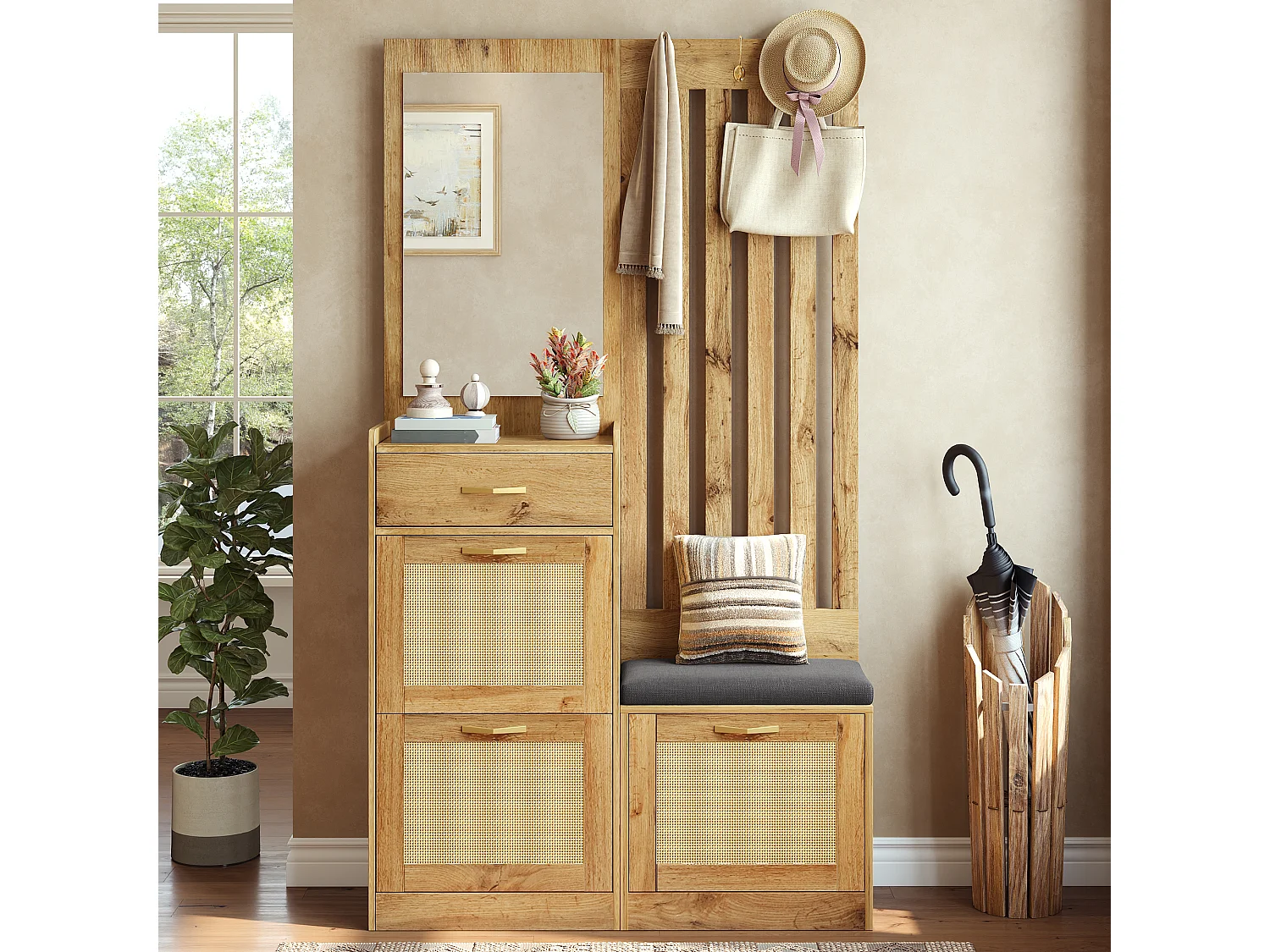 Vestiaire d'entrée moderne - 99.5 x 26 x 180 cm - avec miroir + banc + meuble à chaussures - MDF - naturel