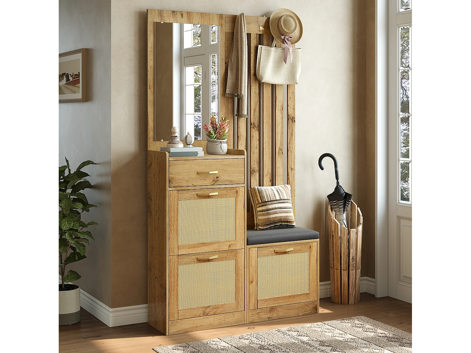 Vestiaire d'entrée moderne - 99.5 x 26 x 180 cm - avec miroir + banc + meuble à chaussures - MDF - naturel