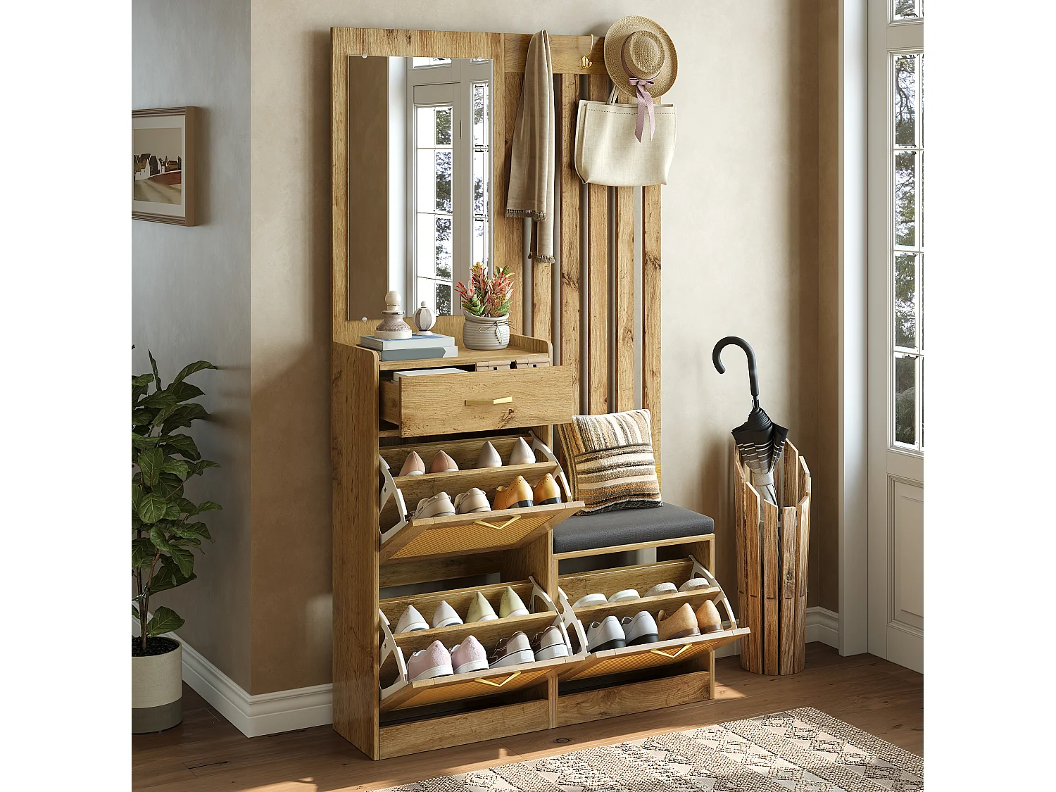 Vestiaire d'entrée moderne - 99.5 x 26 x 180 cm - avec miroir + banc + meuble à chaussures - MDF - naturel