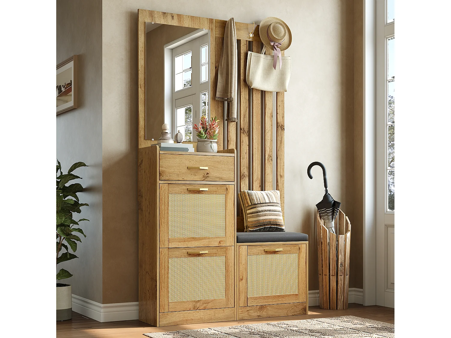 Vestiaire d'entrée moderne - 99.5 x 26 x 180 cm - avec miroir + banc + meuble à chaussures - MDF - naturel