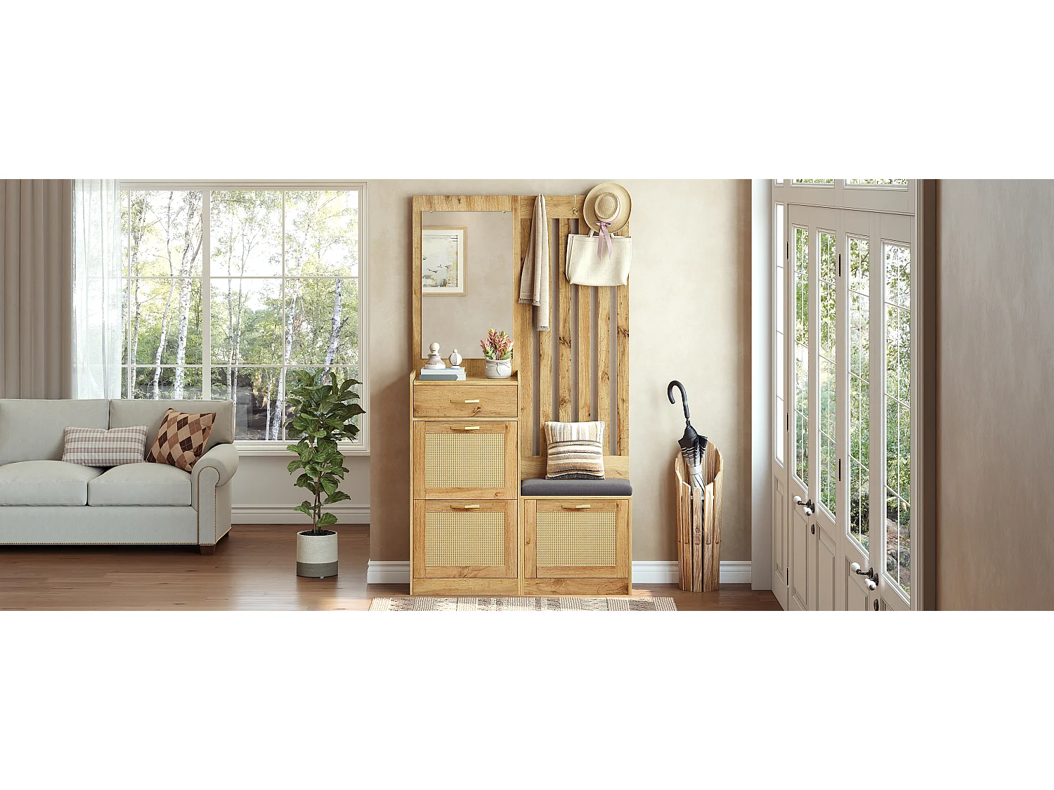 Vestiaire d'entrée moderne - 99.5 x 26 x 180 cm - avec miroir + banc + meuble à chaussures - MDF - naturel