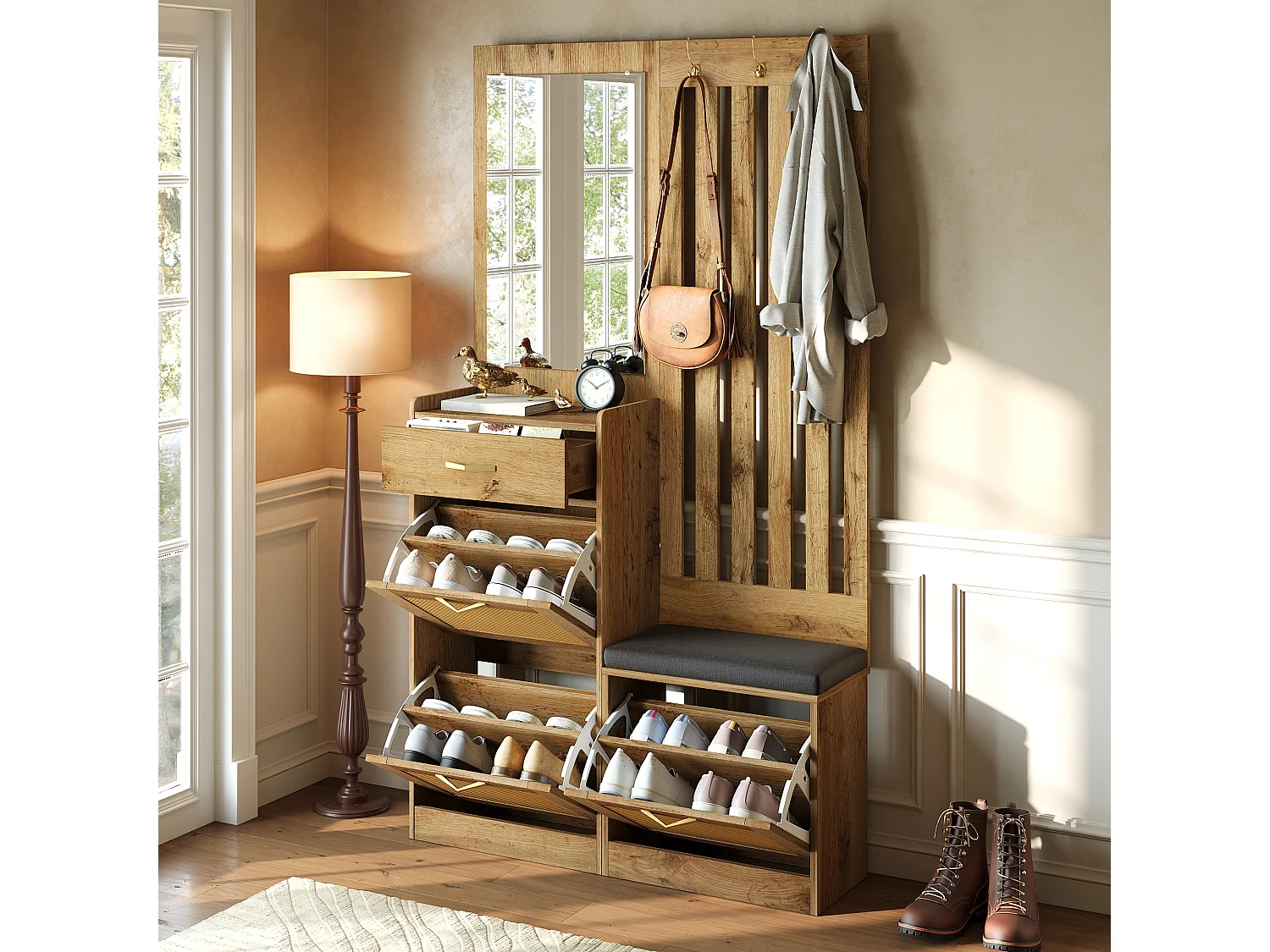 Vestiaire d'entrée moderne - 99.5 x 26 x 180 cm - avec miroir + banc + meuble à chaussures - MDF - naturel