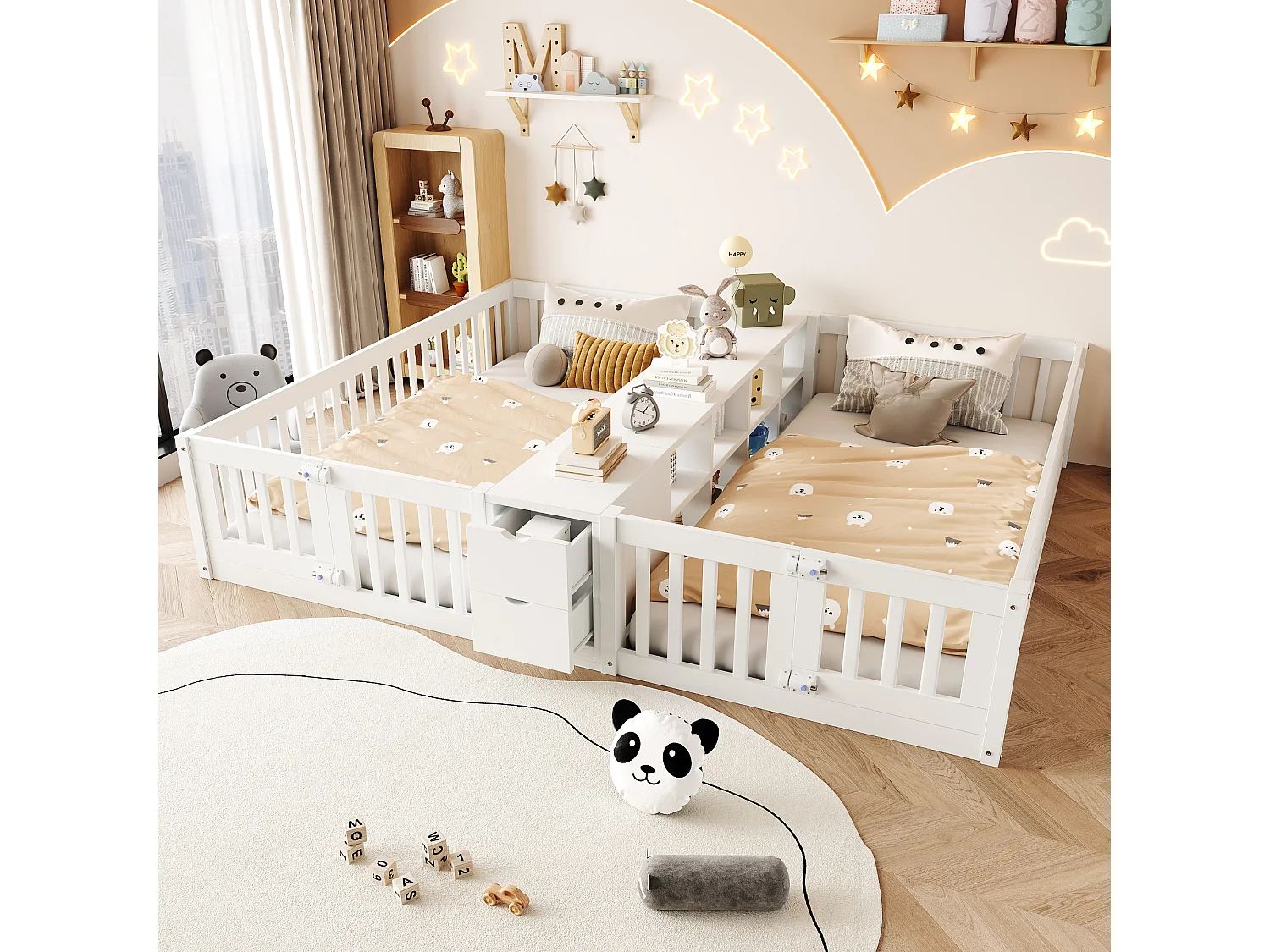 Cadre de lit enfant double - 2 x 90 x 200 cm - avec tiroir + étagère de rangement - sans sommier à lattes - bois - blanc