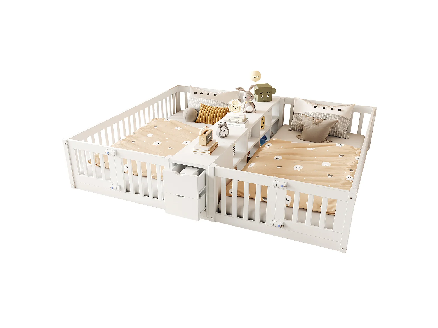 Cadre de lit enfant double - 2 x 90 x 200 cm - avec tiroir + étagère de rangement - sans sommier à lattes - bois - blanc