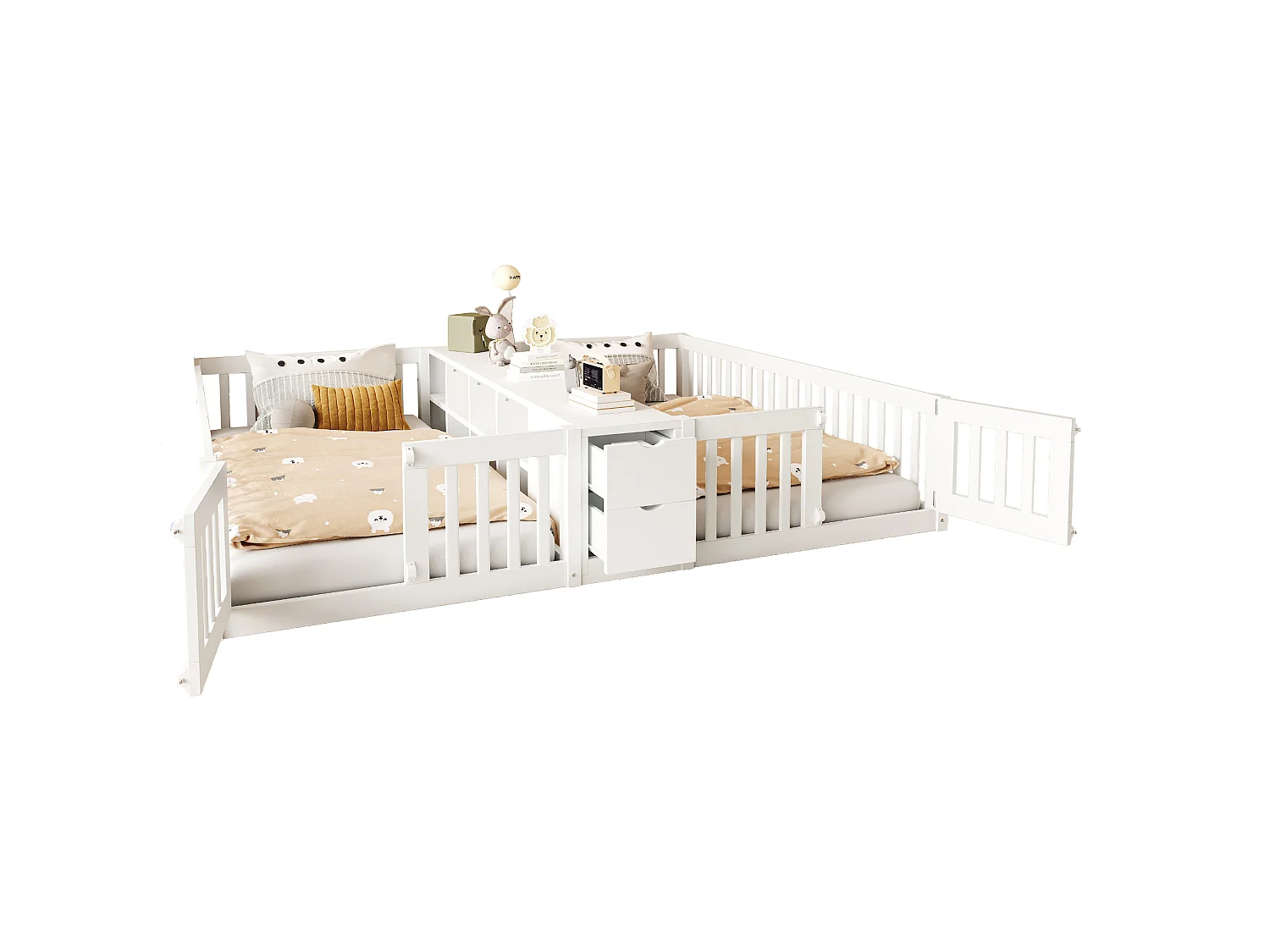 Cadre de lit enfant double - 2 x 90 x 200 cm - avec tiroir + étagère de rangement - sans sommier à lattes - bois - blanc