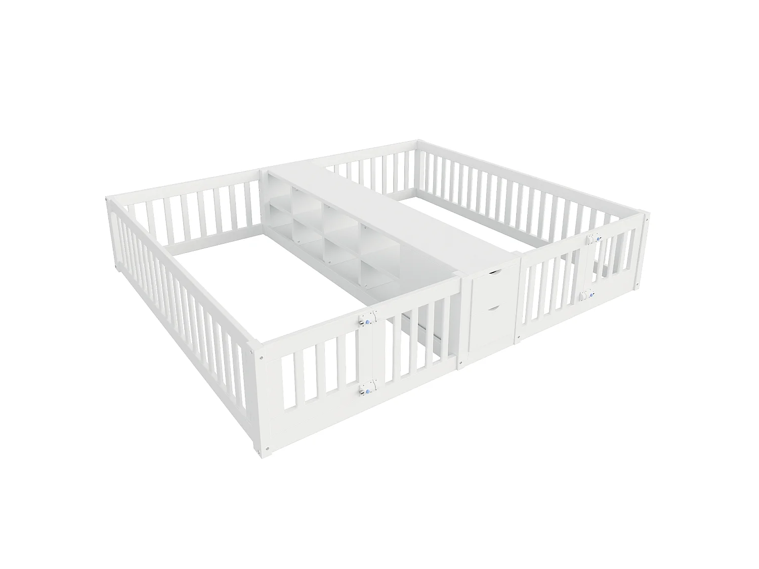 Cadre de lit enfant double - 2 x 90 x 200 cm - avec tiroir + étagère de rangement - sans sommier à lattes - bois - blanc